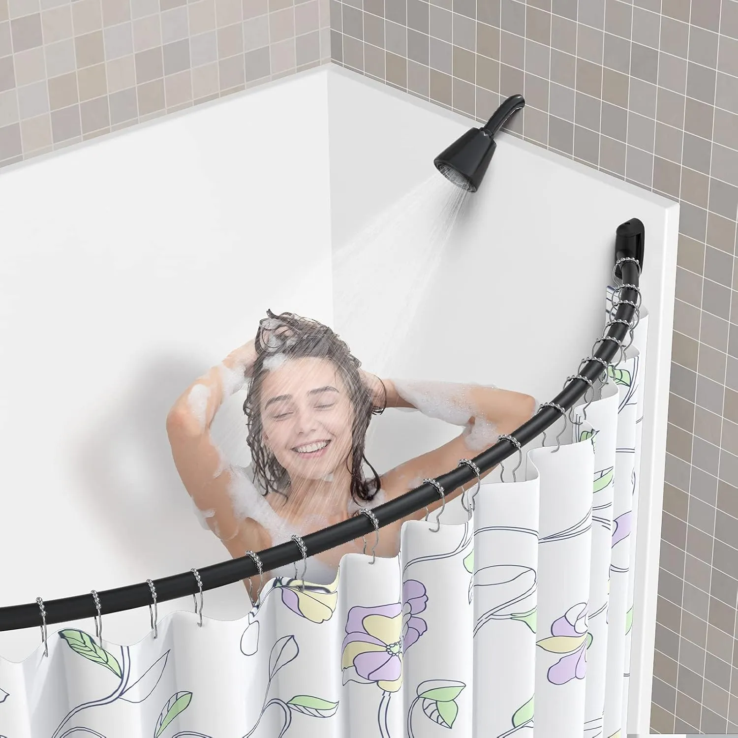 Curved Shower Curtain Rod, 45-72 inches Adjustable Arched Shower Curtain Curved Rods, Rustproof Round Never Fall Design for Bathroom, Black, Need to Drill