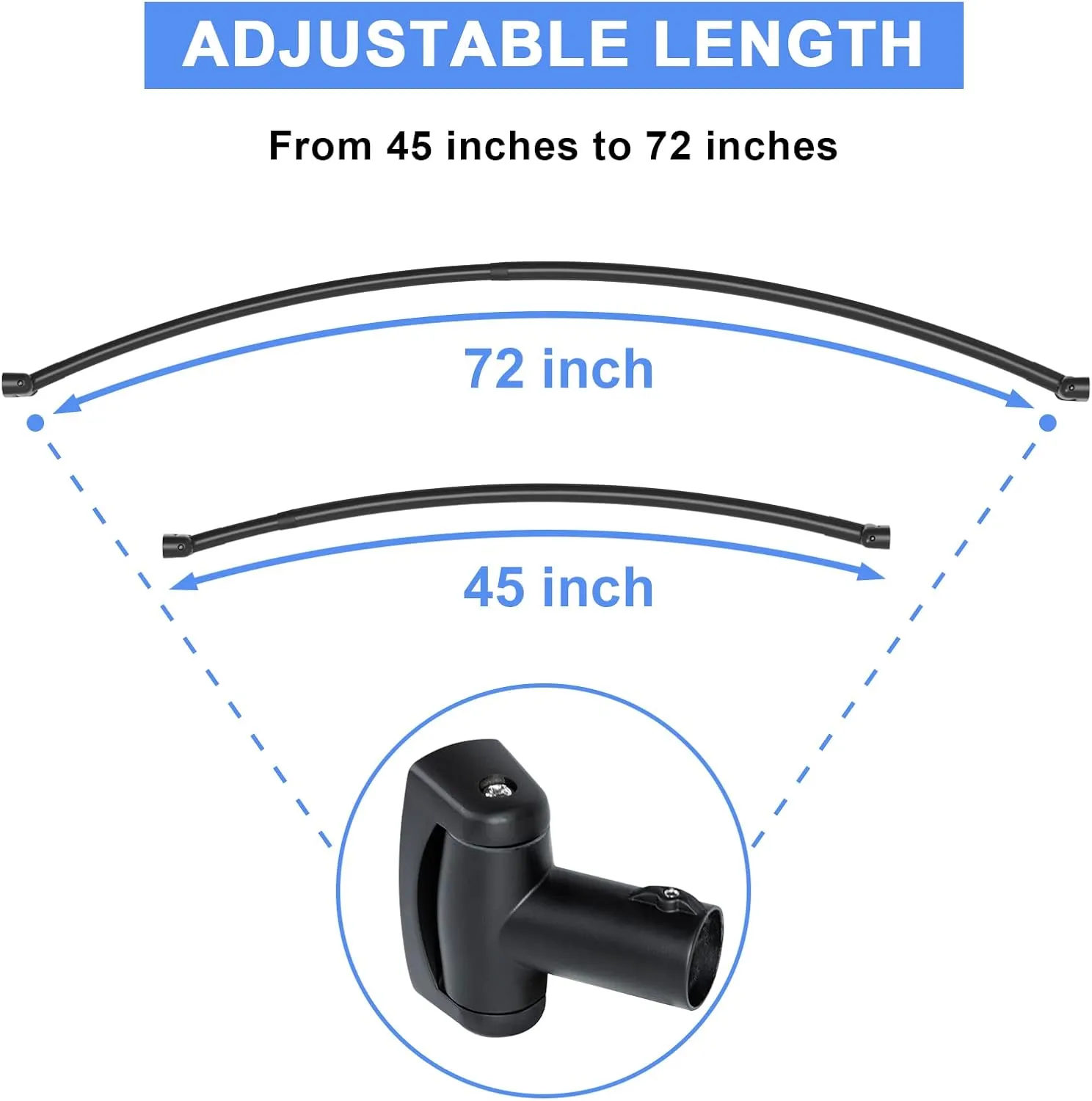 Curved Shower Curtain Rod, 45-72 inches Adjustable Arched Shower Curtain Curved Rods, Rustproof Round Never Fall Design for Bathroom, Black, Need to Drill