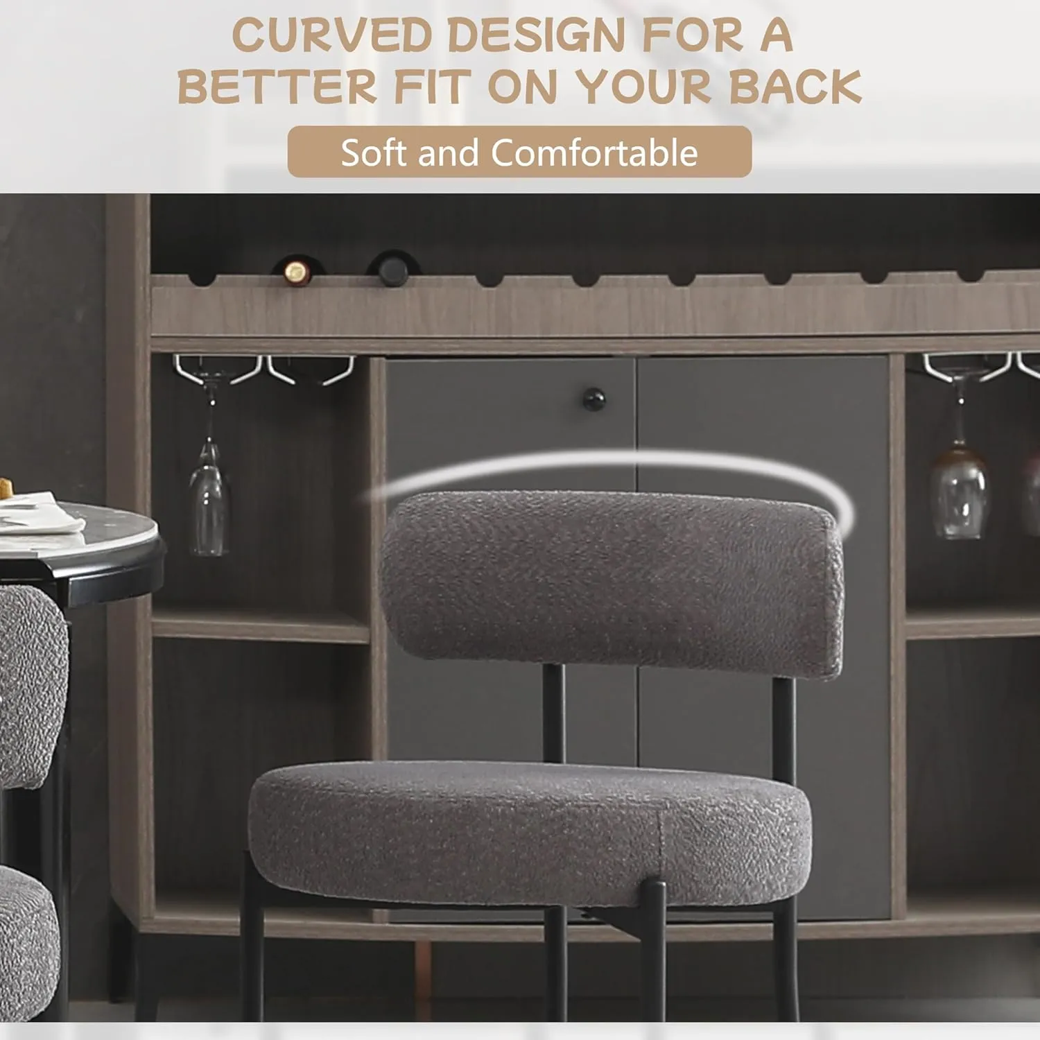 Dining Chairs Set of 2, Round Upholstered Boucle Dining Room Chairs Mid-Century Modern Kitchen Chairs Curved Backrest Chairs for Dining Room Black Metal Legs, Dark Grey