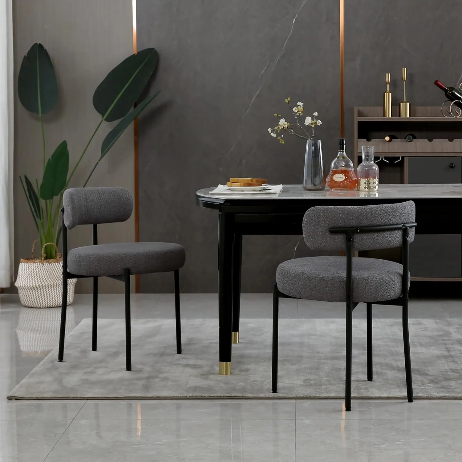 Dining Chairs Set of 2, Round Upholstered Boucle Dining Room Chairs Mid-Century Modern Kitchen Chairs Curved Backrest Chairs for Dining Room Black Metal Legs, Dark Grey