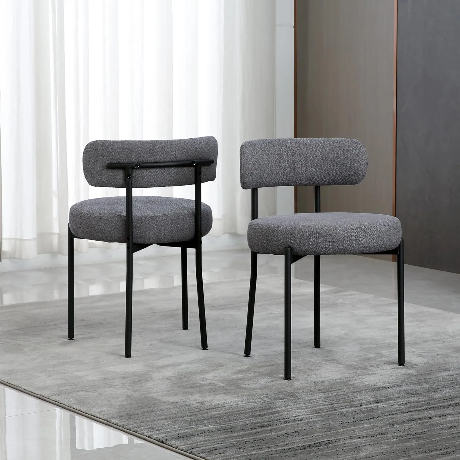 Dining Chairs Set of 2, Round Upholstered Boucle Dining Room Chairs Mid-Century Modern Kitchen Chairs Curved Backrest Chairs for Dining Room Black Metal Legs, Dark Grey