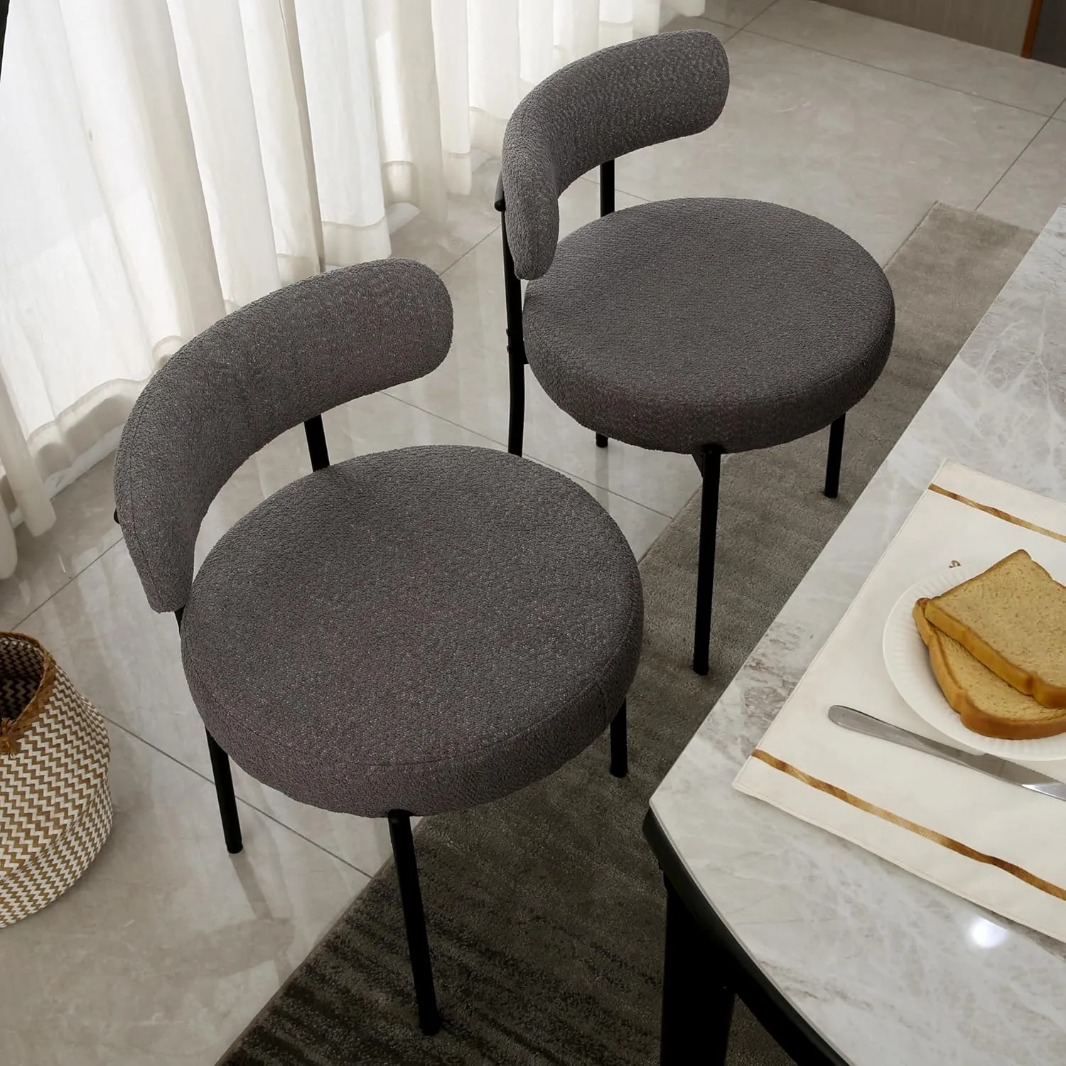 Dining Chairs Set of 2, Round Upholstered Boucle Dining Room Chairs Mid-Century Modern Kitchen Chairs Curved Backrest Chairs for Dining Room Black Metal Legs, Dark Grey