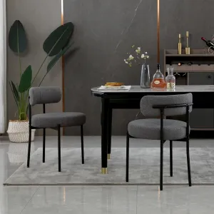 Dining Chairs Set of 2, Round Upholstered Boucle Dining Room Chairs Mid-Century Modern Kitchen Chairs Curved Backrest Chairs for Dining Room Black Metal Legs, Dark Grey