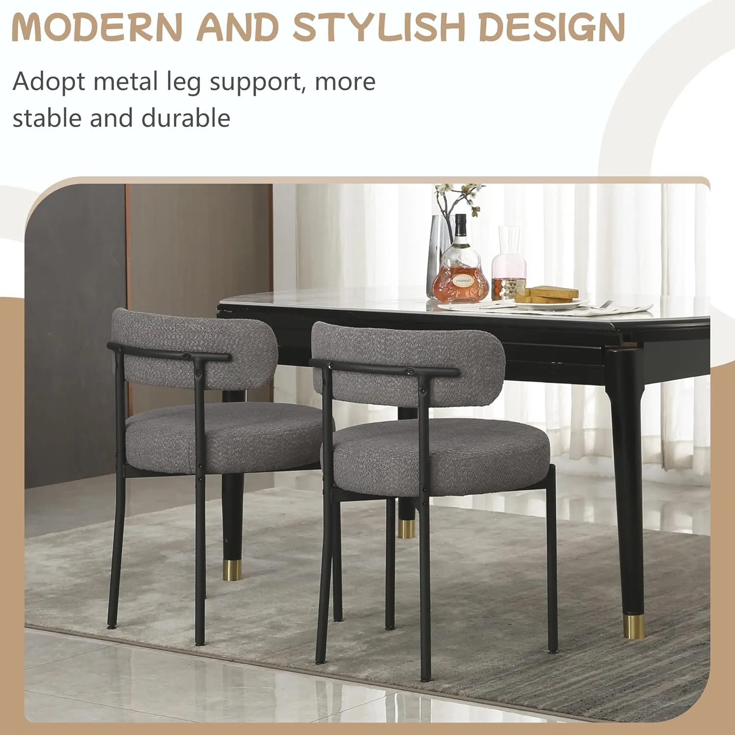 Dining Chairs Set of 2, Round Upholstered Boucle Dining Room Chairs Mid-Century Modern Kitchen Chairs Curved Backrest Chairs for Dining Room Black Metal Legs, Dark Grey