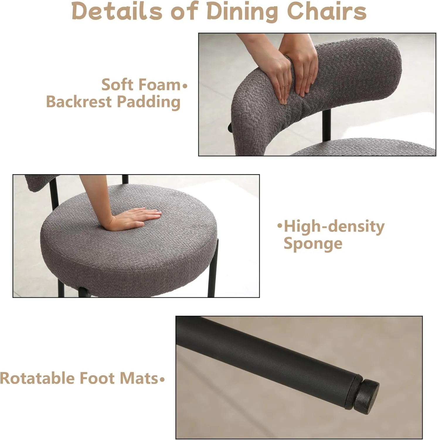 Dining Chairs Set of 2, Round Upholstered Boucle Dining Room Chairs Mid-Century Modern Kitchen Chairs Curved Backrest Chairs for Dining Room Black Metal Legs, Dark Grey