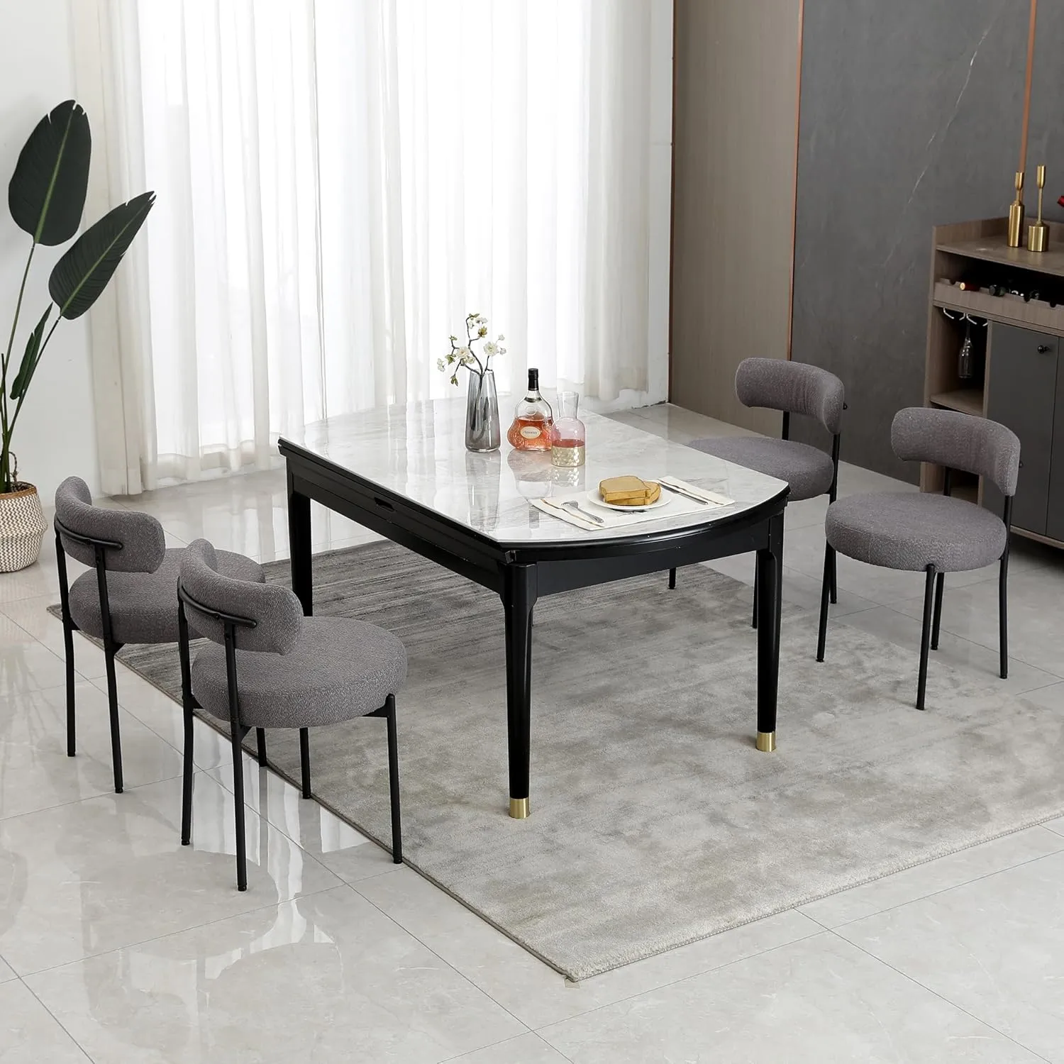 Dining Chairs Set of 2, Round Upholstered Boucle Dining Room Chairs Mid-Century Modern Kitchen Chairs Curved Backrest Chairs for Dining Room Black Metal Legs, Dark Grey