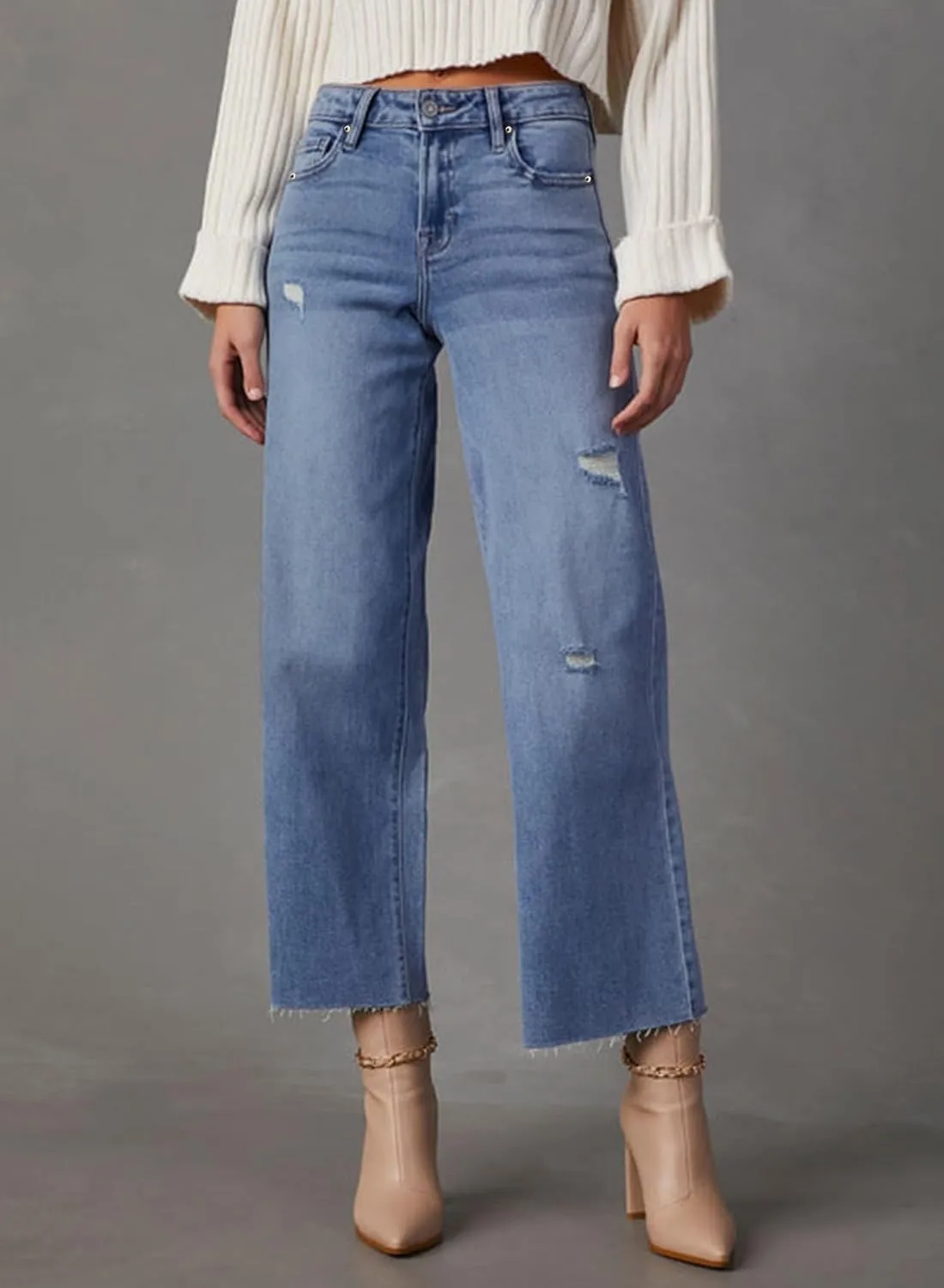Dokotoo Womens High Waist Baggy Jeans Wide Leg Casual Petite 2025 8 Points Length Stretch Denim Pants