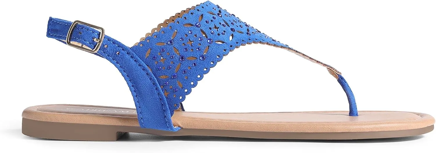 DREAM PAIRS Women's Rhinestone Casual Wear Cute Gladiator Flat Sandals Beach Dressy T-Strap Thong Sandals