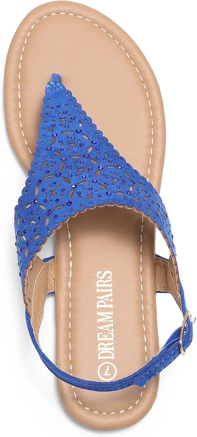 DREAM PAIRS Women's Rhinestone Casual Wear Cute Gladiator Flat Sandals Beach Dressy T-Strap Thong Sandals