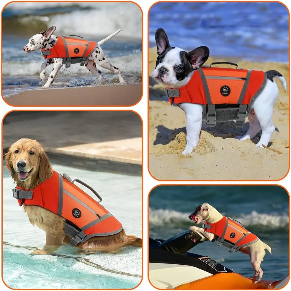 EMUST Dog Life Vests for Boating, Water-Resistant Dog Swimming Vest with Rescue Handle, Comfortable Fit Pet Life Jacket Medium with D-Ring for Rafting, Surfing, Canoeing, Orange, M