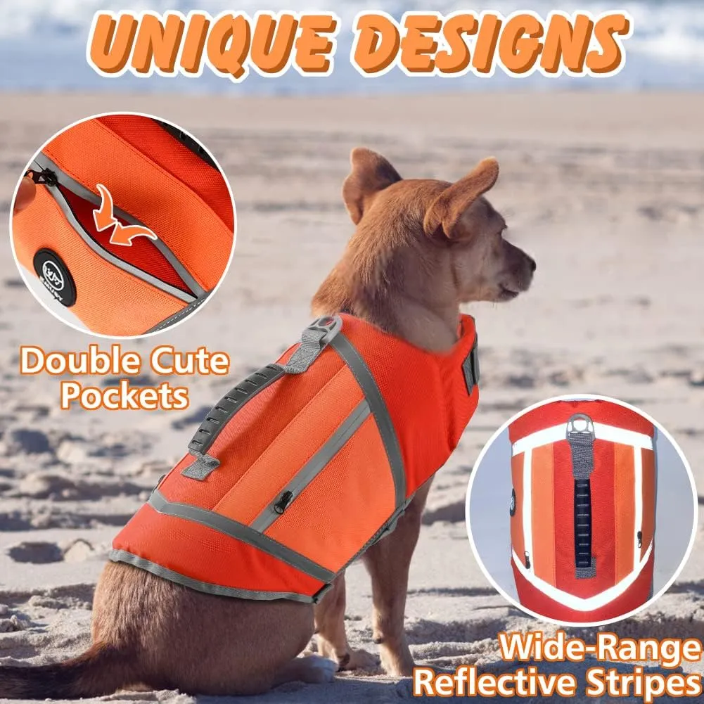 EMUST Dog Life Vests for Boating, Water-Resistant Dog Swimming Vest with Rescue Handle, Comfortable Fit Pet Life Jacket Medium with D-Ring for Rafting, Surfing, Canoeing, Orange, M