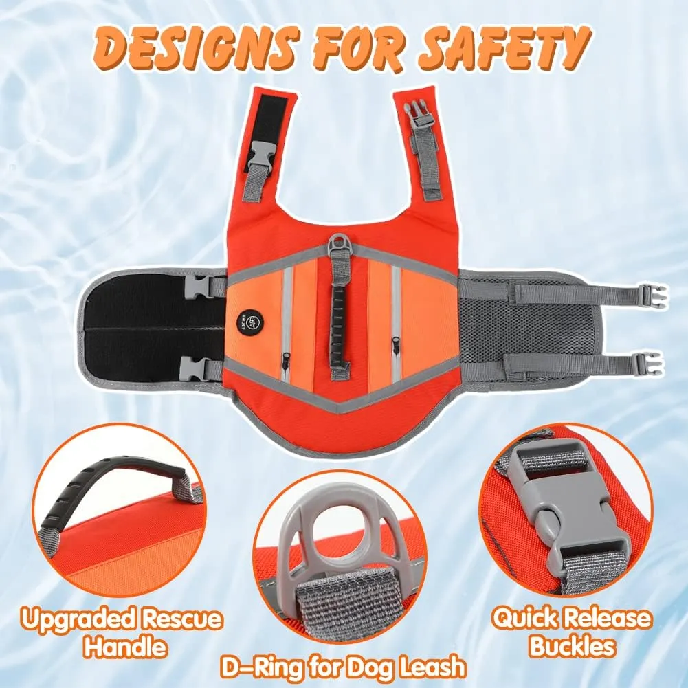 EMUST Dog Life Vests for Boating, Water-Resistant Dog Swimming Vest with Rescue Handle, Comfortable Fit Pet Life Jacket Medium with D-Ring for Rafting, Surfing, Canoeing, Orange, M