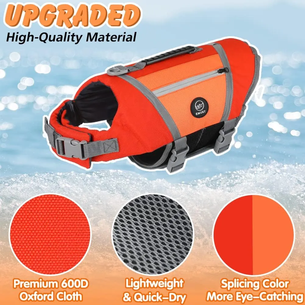 EMUST Dog Life Vests for Boating, Water-Resistant Dog Swimming Vest with Rescue Handle, Comfortable Fit Pet Life Jacket Medium with D-Ring for Rafting, Surfing, Canoeing, Orange, M