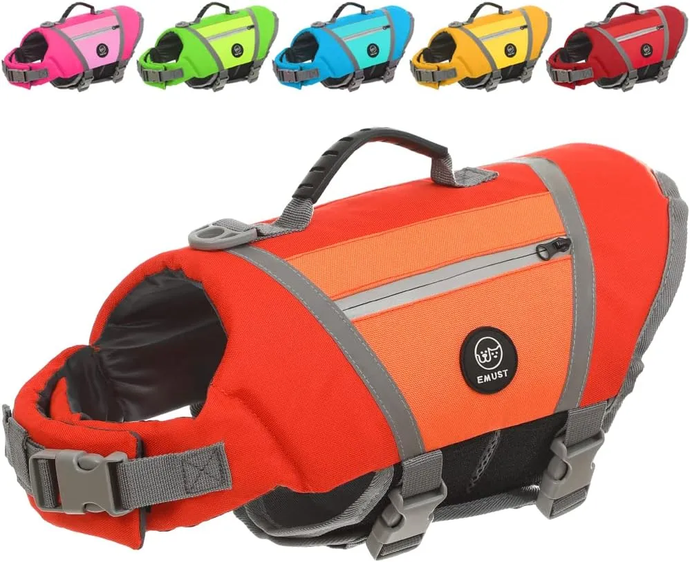 EMUST Dog Life Vests for Boating, Water-Resistant Dog Swimming Vest with Rescue Handle, Comfortable Fit Pet Life Jacket Medium with D-Ring for Rafting, Surfing, Canoeing, Orange, M