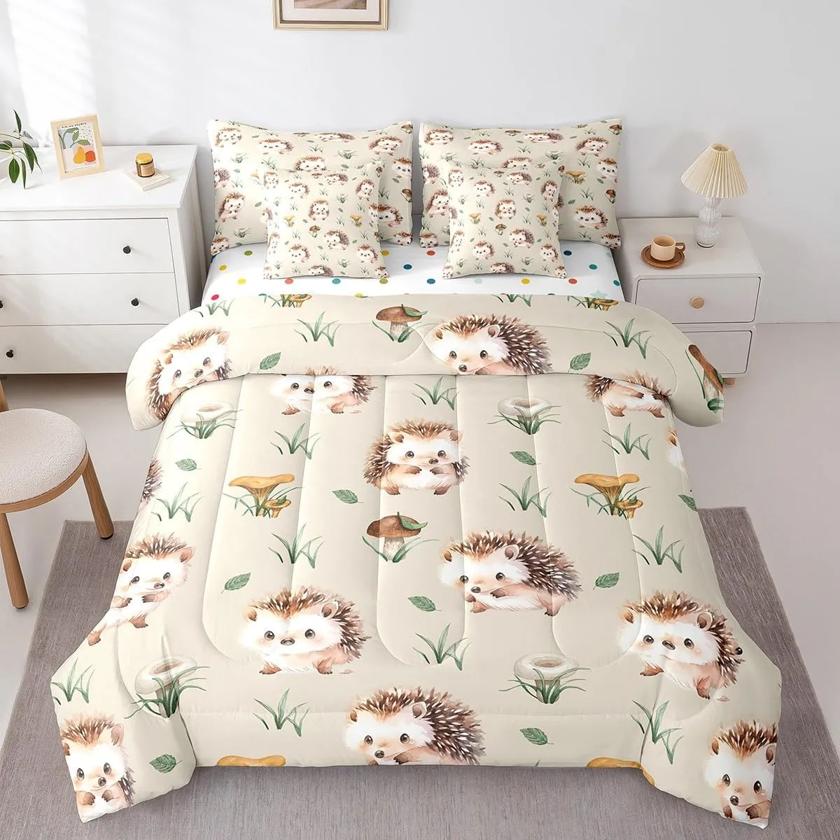 Erosebridal Kawaii Hedgehog Twin Comforter Set 7-Piece Cute Animal Bedding Comforter Sets, Cartoon Woodland Wildlife Bed in a Bag Wild Mushroom Fungus Bedding Set, Green Grass Leaves Bed Sheets Set