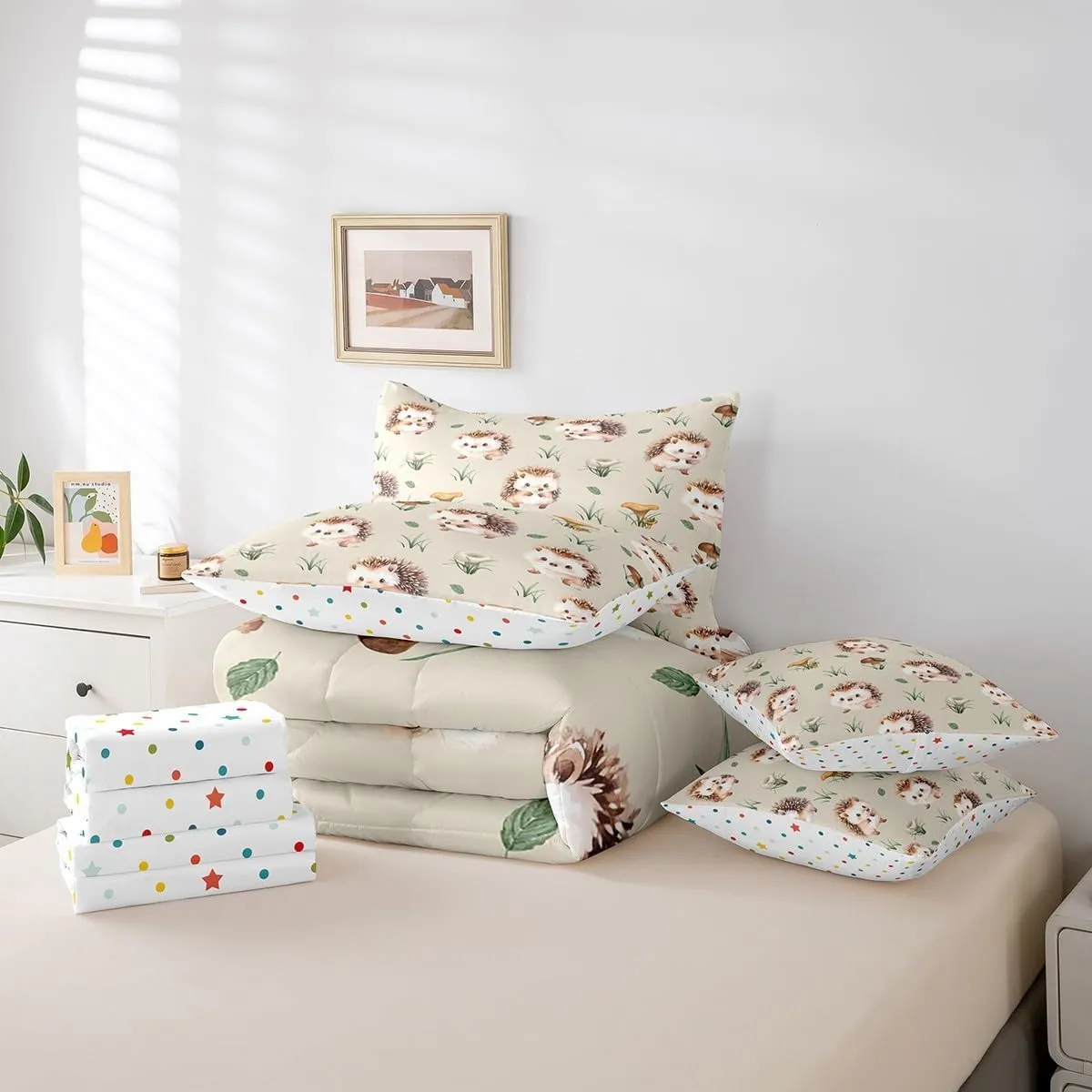 Erosebridal Kawaii Hedgehog Twin Comforter Set 7-Piece Cute Animal Bedding Comforter Sets, Cartoon Woodland Wildlife Bed in a Bag Wild Mushroom Fungus Bedding Set, Green Grass Leaves Bed Sheets Set