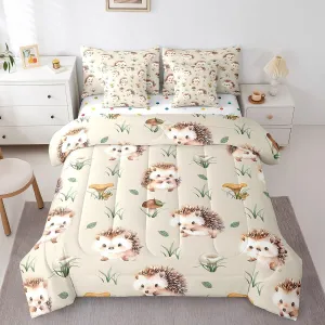 Erosebridal Kawaii Hedgehog Twin Comforter Set 7-Piece Cute Animal Bedding Comforter Sets, Cartoon Woodland Wildlife Bed in a Bag Wild Mushroom Fungus Bedding Set, Green Grass Leaves Bed Sheets Set