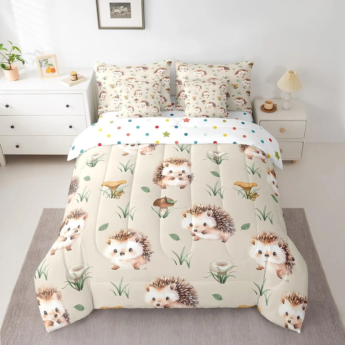 Erosebridal Kawaii Hedgehog Twin Comforter Set 7-Piece Cute Animal Bedding Comforter Sets, Cartoon Woodland Wildlife Bed in a Bag Wild Mushroom Fungus Bedding Set, Green Grass Leaves Bed Sheets Set
