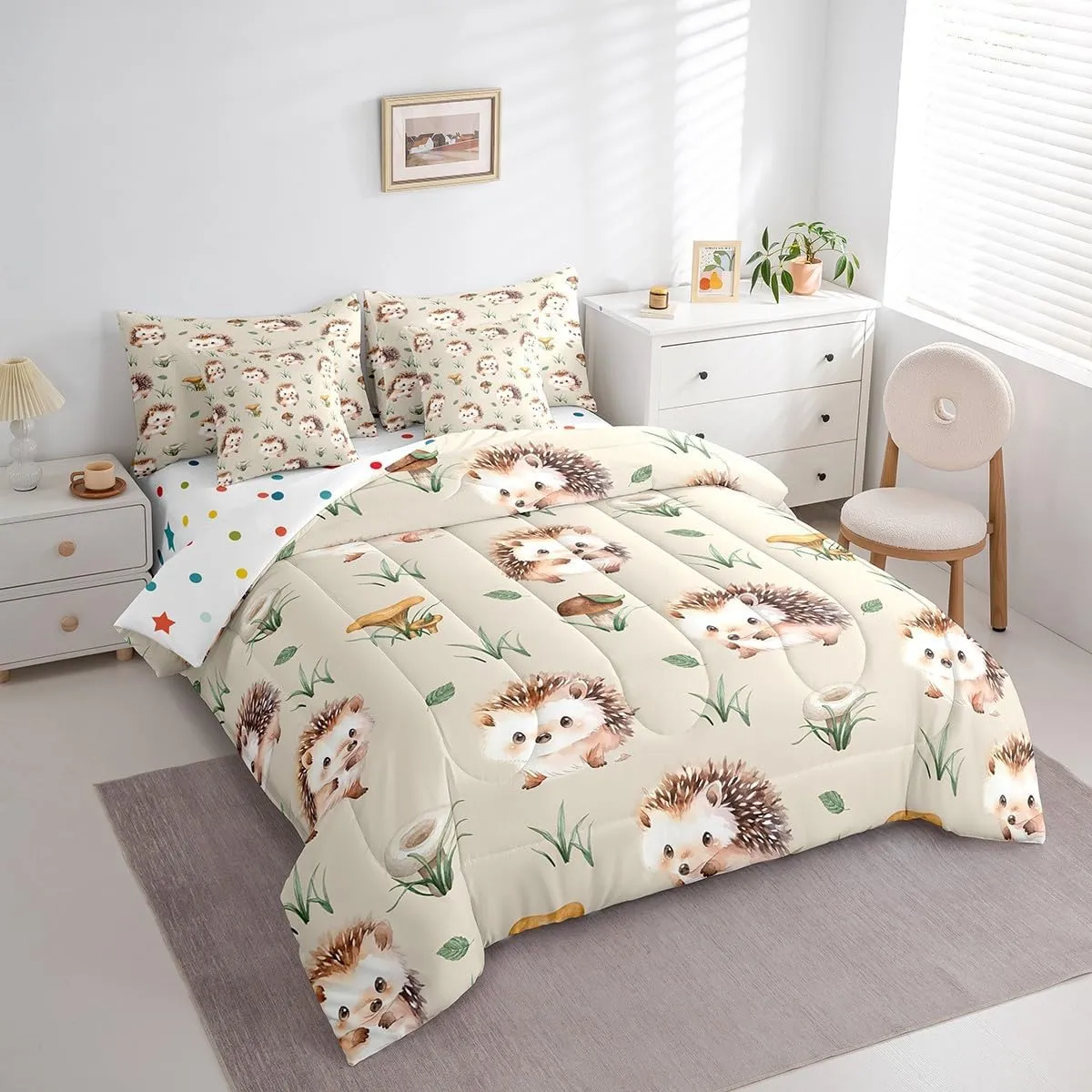 Erosebridal Kawaii Hedgehog Twin Comforter Set 7-Piece Cute Animal Bedding Comforter Sets, Cartoon Woodland Wildlife Bed in a Bag Wild Mushroom Fungus Bedding Set, Green Grass Leaves Bed Sheets Set