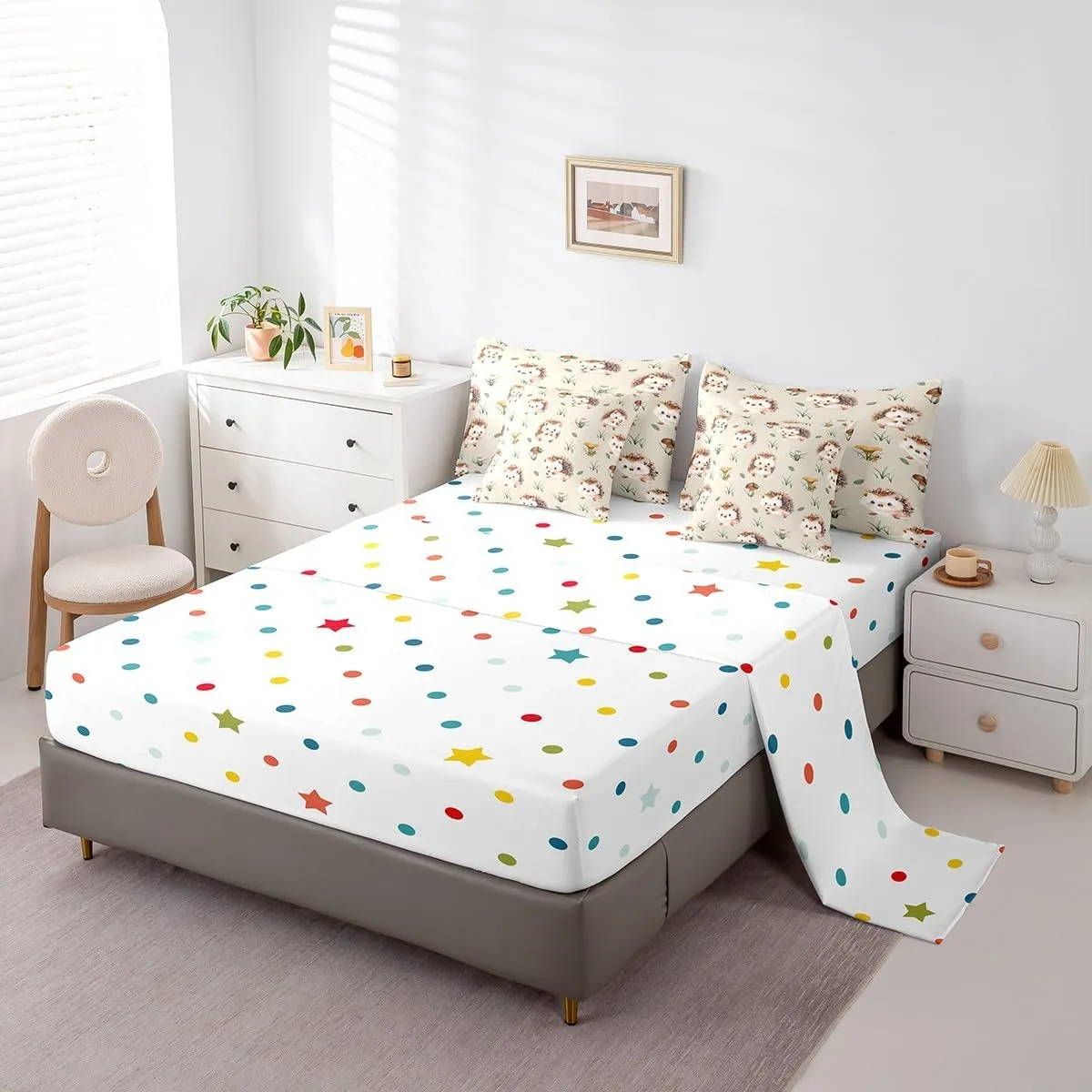 Erosebridal Kawaii Hedgehog Twin Comforter Set 7-Piece Cute Animal Bedding Comforter Sets, Cartoon Woodland Wildlife Bed in a Bag Wild Mushroom Fungus Bedding Set, Green Grass Leaves Bed Sheets Set