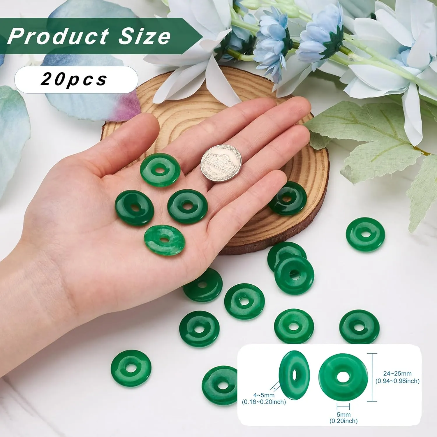 Fashewelry 10Pcs Natural Jade Donut Disc Gemstone Pendants 24-25mm Large Hole Healing Chakra Polished Stone Flat Round Bead Charms for Jewelry Making Hole: 5mm
