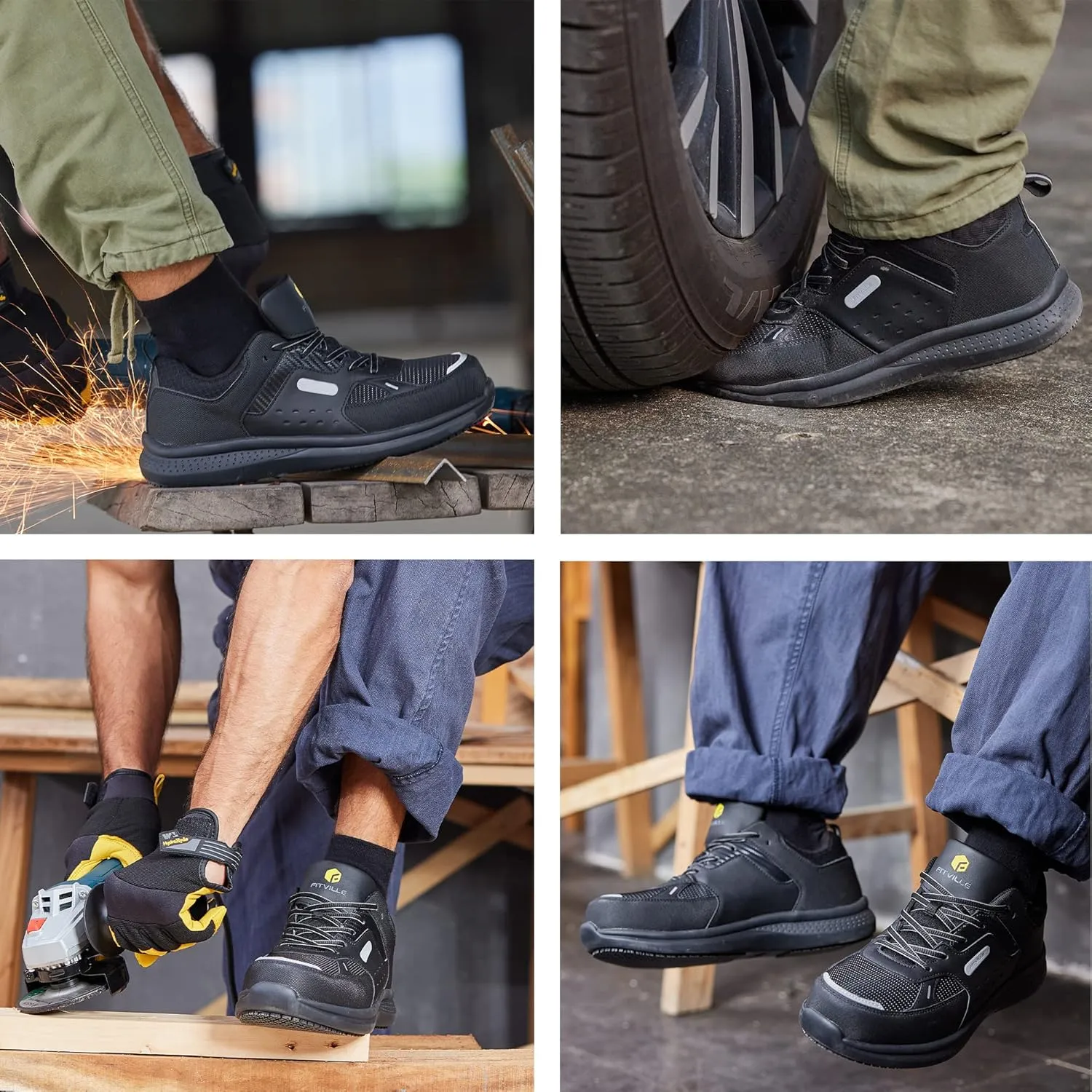 FitVille Extra Wide Steel Toe Shoes for Men Wide Water Resistant Leather Composite Toe Work Shoes for Men Slip Resistant
