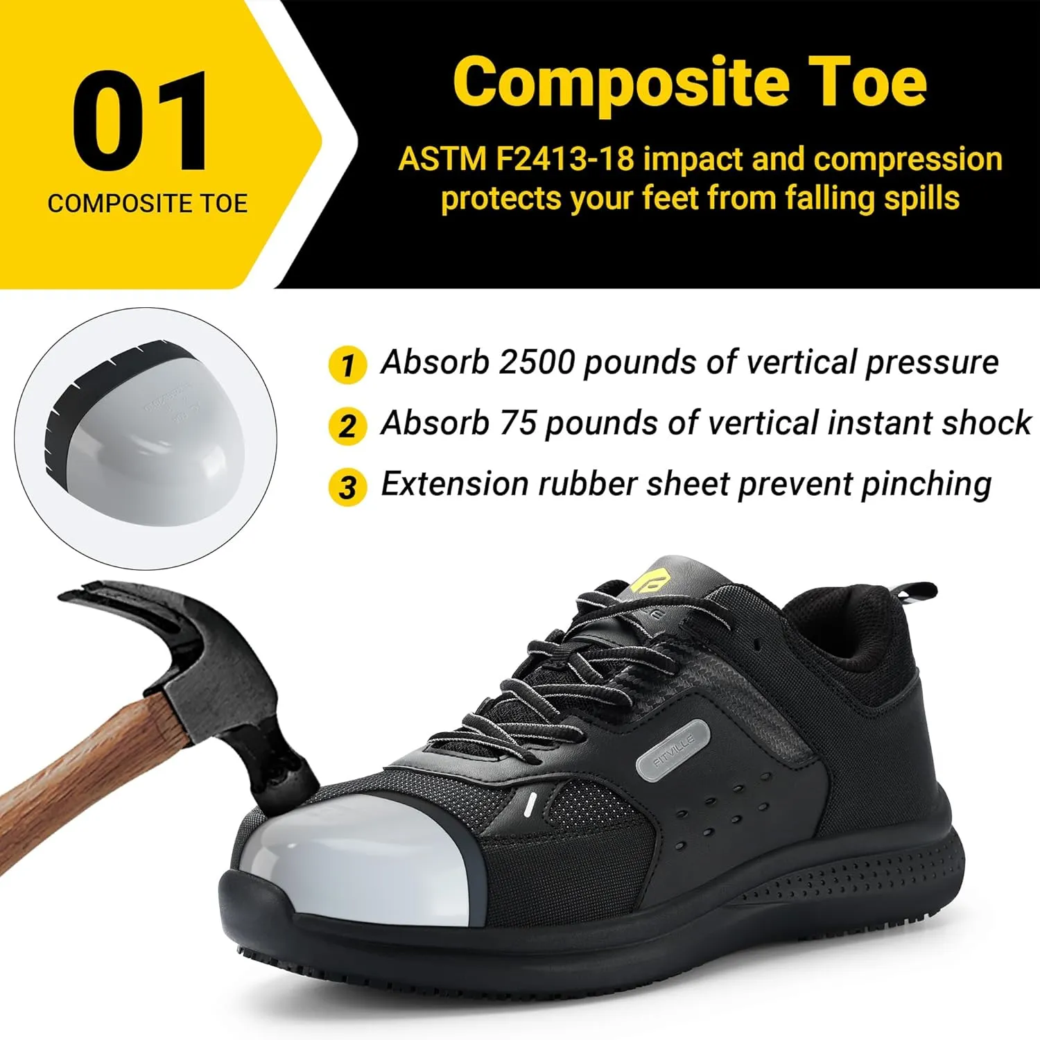 FitVille Extra Wide Steel Toe Shoes for Men Wide Water Resistant Leather Composite Toe Work Shoes for Men Slip Resistant