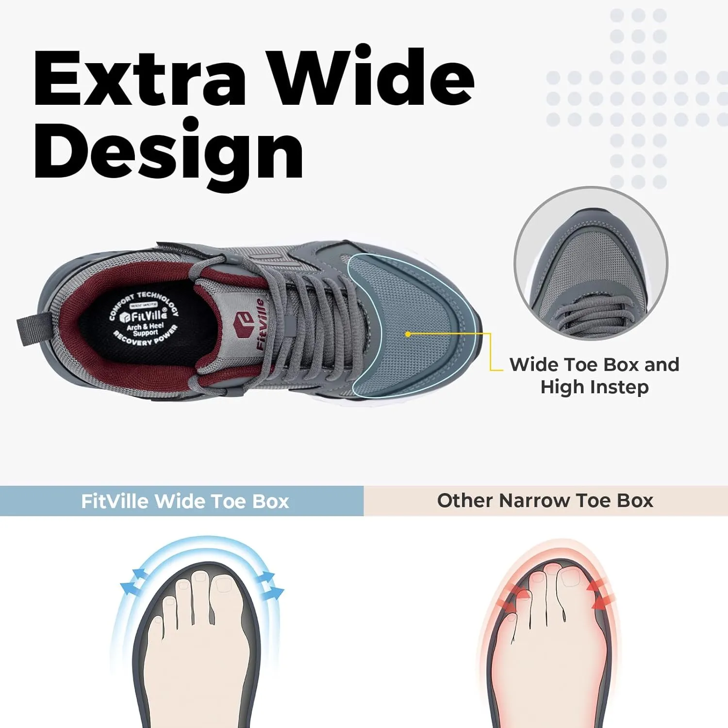 FitVille Women's Walking Shoes Wide Width Sneakers Comfort Diabetic Shoes Plantar Fasciitis Shoes for Flat Feet Heel Pain Relief - Rebound Core V7