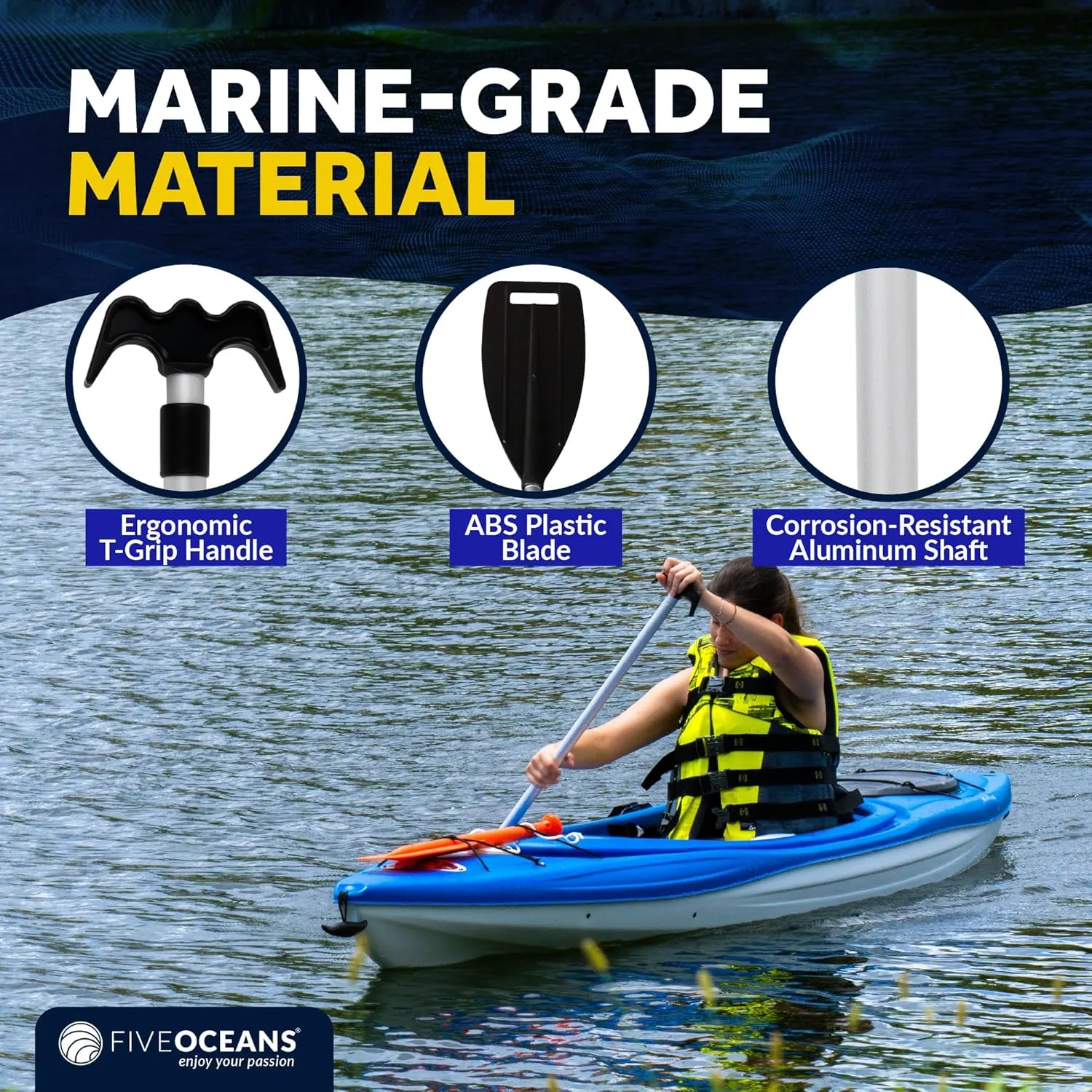 Five Oceans Canoe Paddle, Telescoping Canoe Paddles and Boat Hook, Black, Extend from 3.75 Ft. (45-inch) to 6 Ft.(72-inch), Aluminum Shaft, Reinforced Blade & Hook, Lightweight