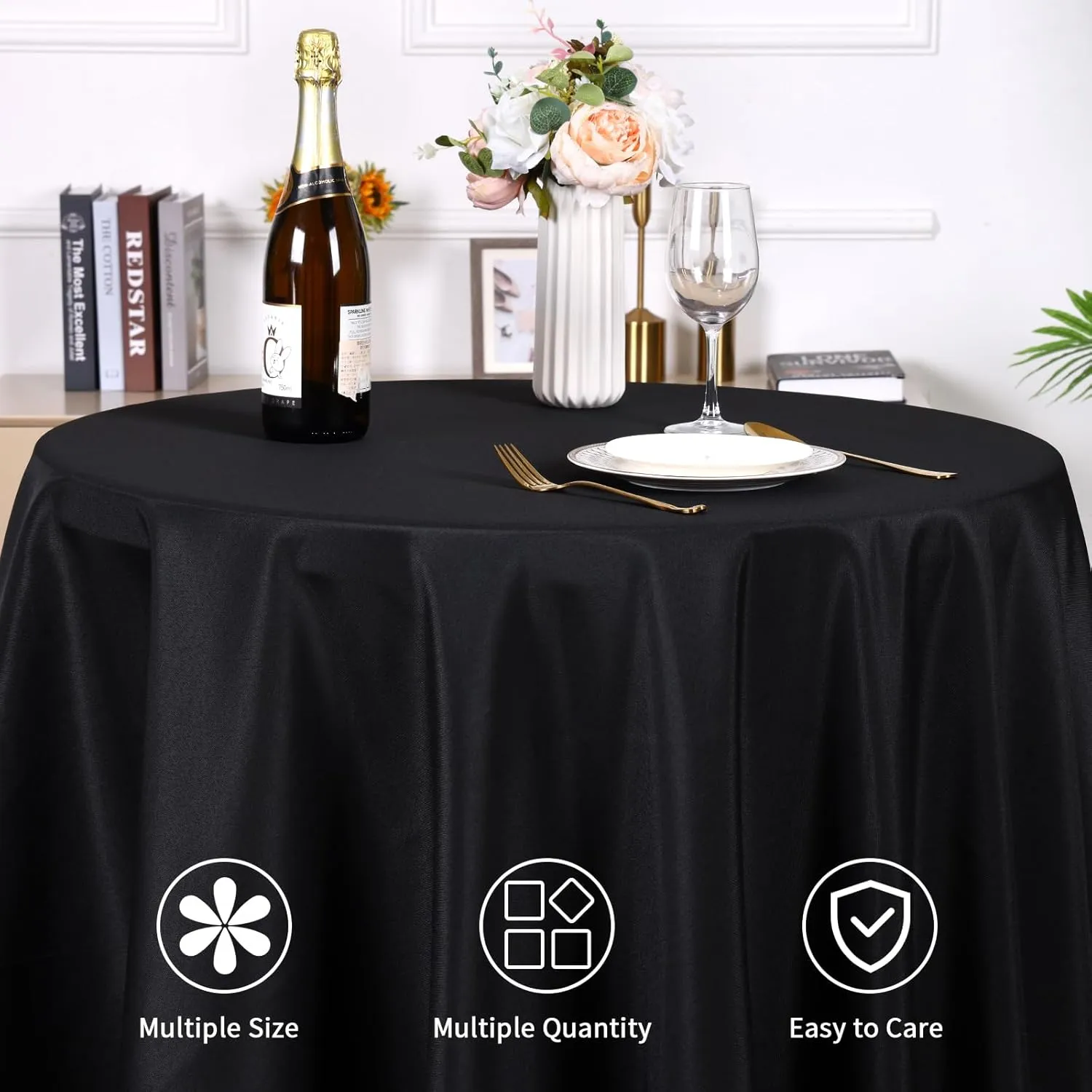 Fixwal 120 Inch Black Round Tablecloth, 6 Pack Round Table Cloth Polyester Fabric Washable Table Covers for Wedding, Party, Banquet, Dining, Birthday Events