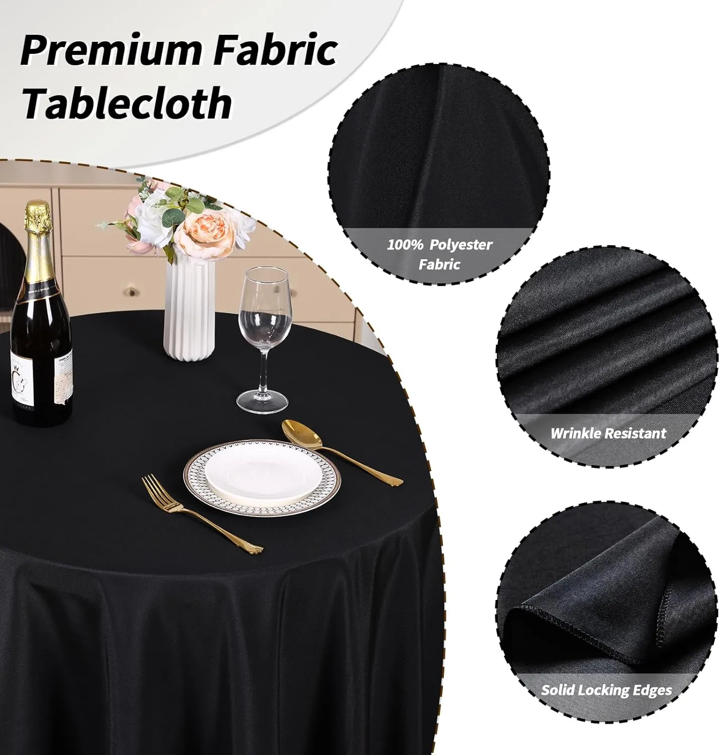 Fixwal 120 Inch Black Round Tablecloth, 6 Pack Round Table Cloth Polyester Fabric Washable Table Covers for Wedding, Party, Banquet, Dining, Birthday Events