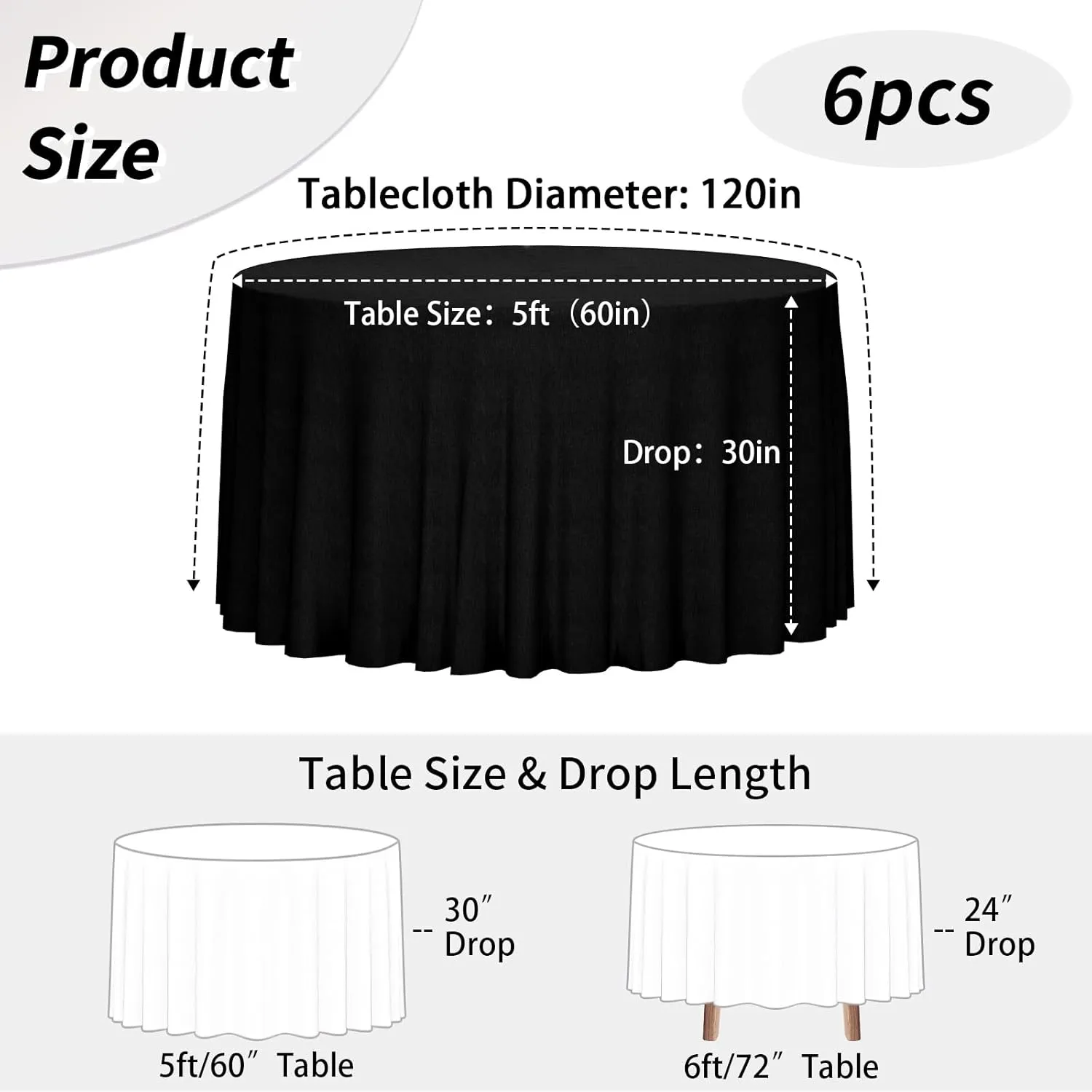 Fixwal 120 Inch Black Round Tablecloth, 6 Pack Round Table Cloth Polyester Fabric Washable Table Covers for Wedding, Party, Banquet, Dining, Birthday Events