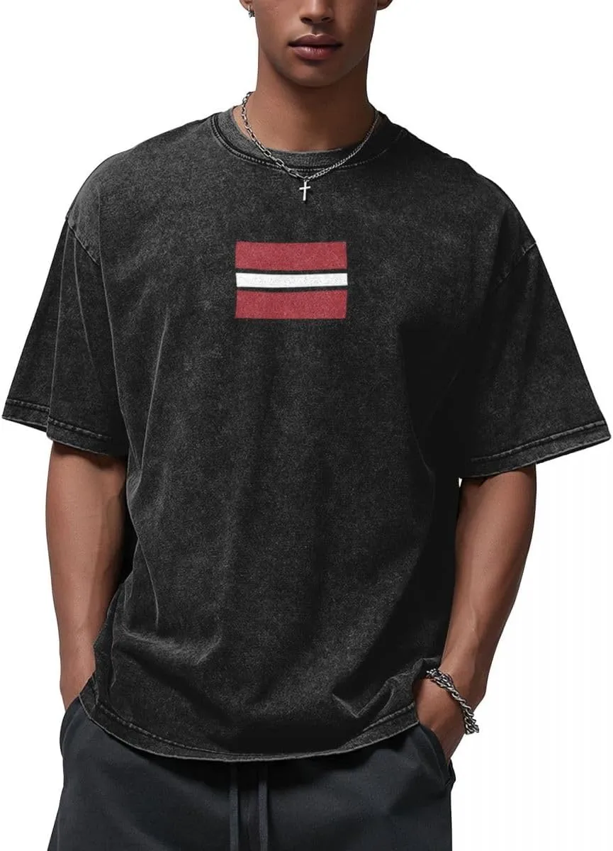 Flag Latvia Flat Pattern Men's 210g Cotton Crew Neck T-Shirt Vintage Washed Graphic Print Short Sleeve Tee for Patriotic Cas