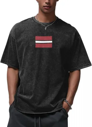 Flag Latvia Flat Pattern Men's 210g Cotton Crew Neck T-Shirt Vintage Washed Graphic Print Short Sleeve Tee for Patriotic Cas