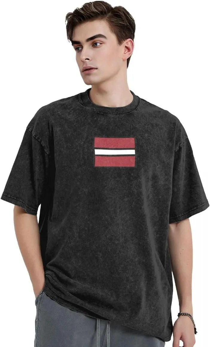 Flag Latvia Flat Pattern Men's 210g Cotton Crew Neck T-Shirt Vintage Washed Graphic Print Short Sleeve Tee for Patriotic Cas
