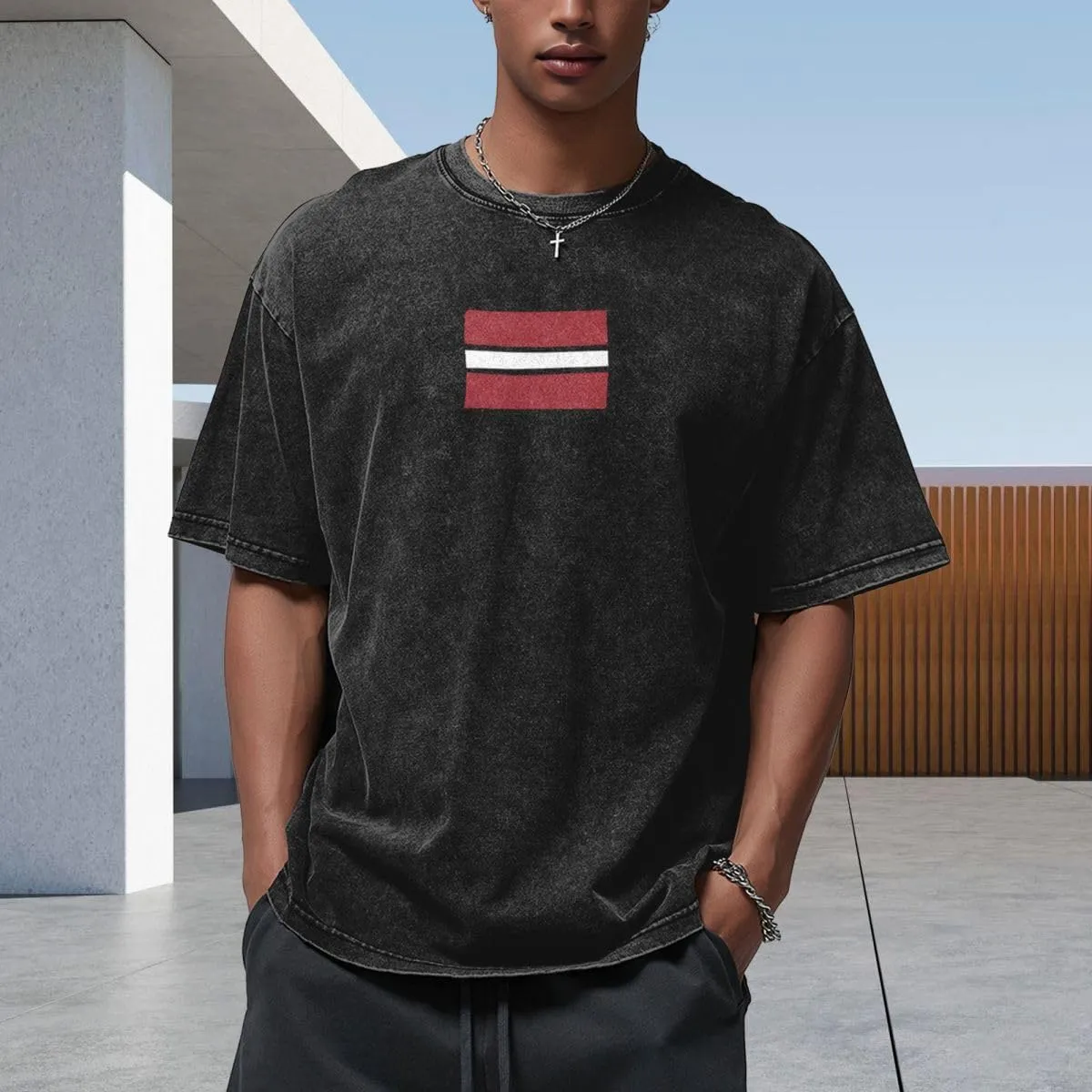 Flag Latvia Flat Pattern Men's 210g Cotton Crew Neck T-Shirt Vintage Washed Graphic Print Short Sleeve Tee for Patriotic Cas