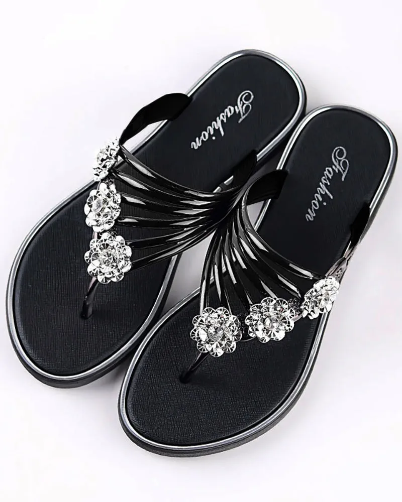 Floral Pattern Cutout Toe Post Flip Flops
