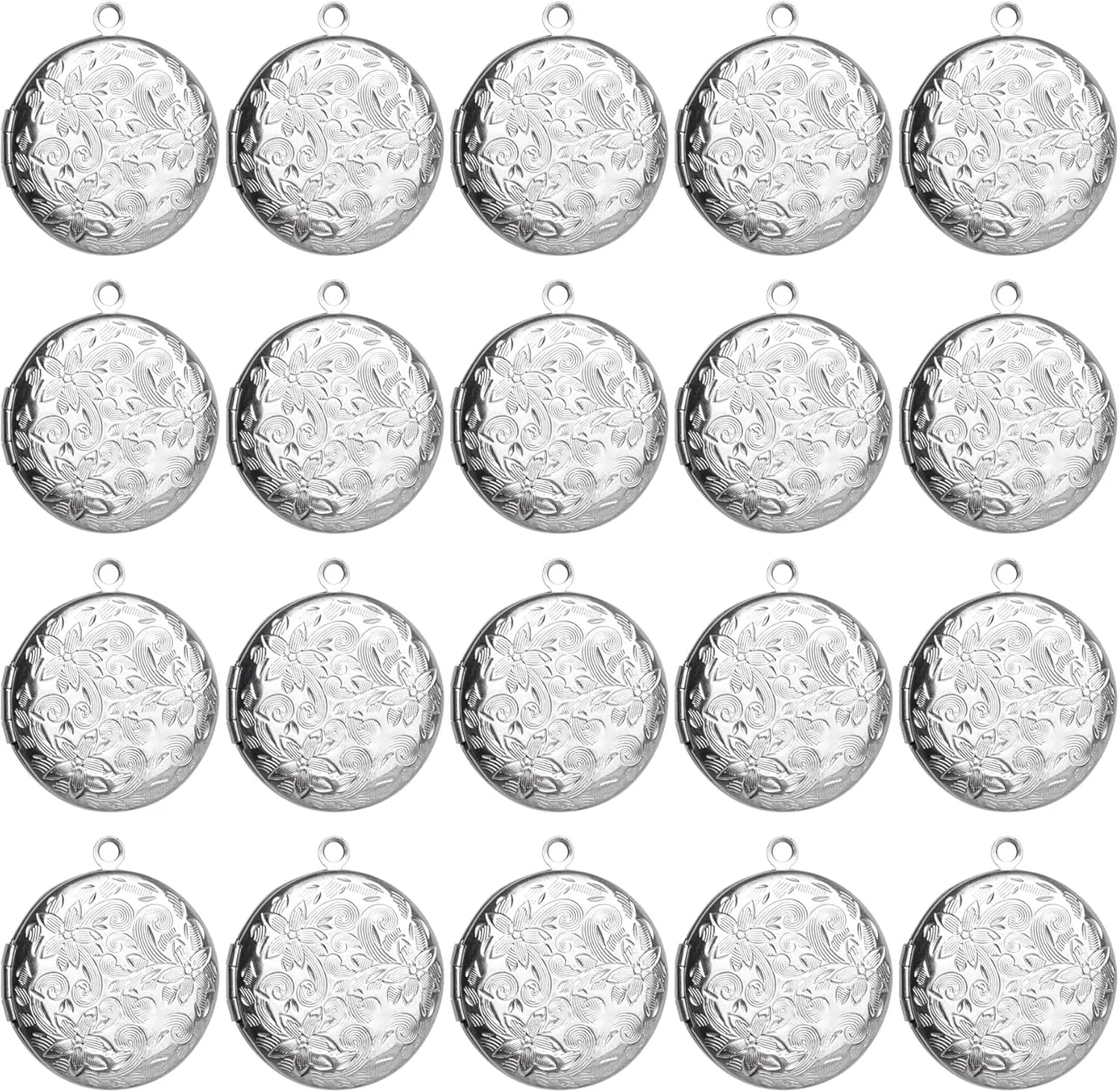 Framendino, 20 Pack Silver Stainless Steel Locket Charms Flat Round Photo Frame Charm Pendants for DIY Memorial Necklace Jewelry Making