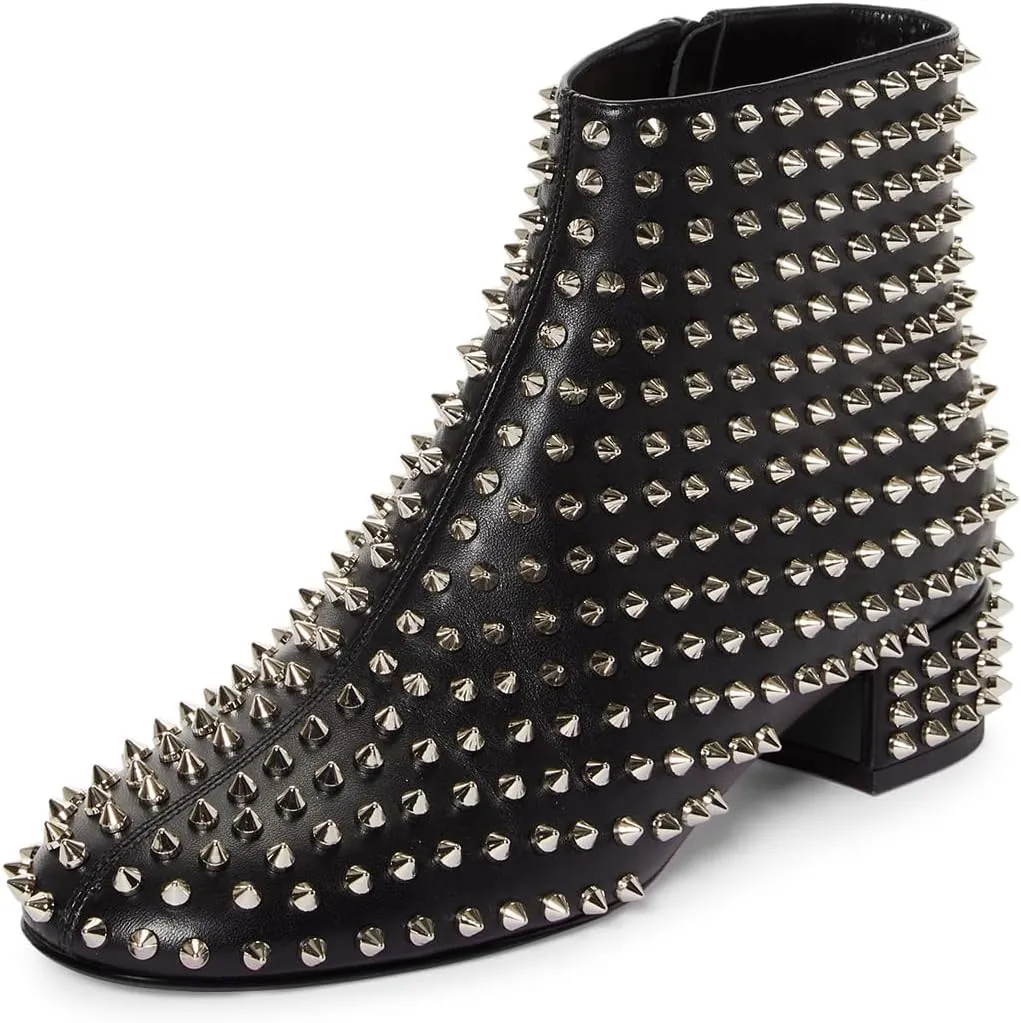 FSJ Women Spikes Ankle Boots Round Toe Block Low Heel Studded Side Zipper Rivets Bootie Fashion Party Outfits Dress Shoes Size 4-16 US