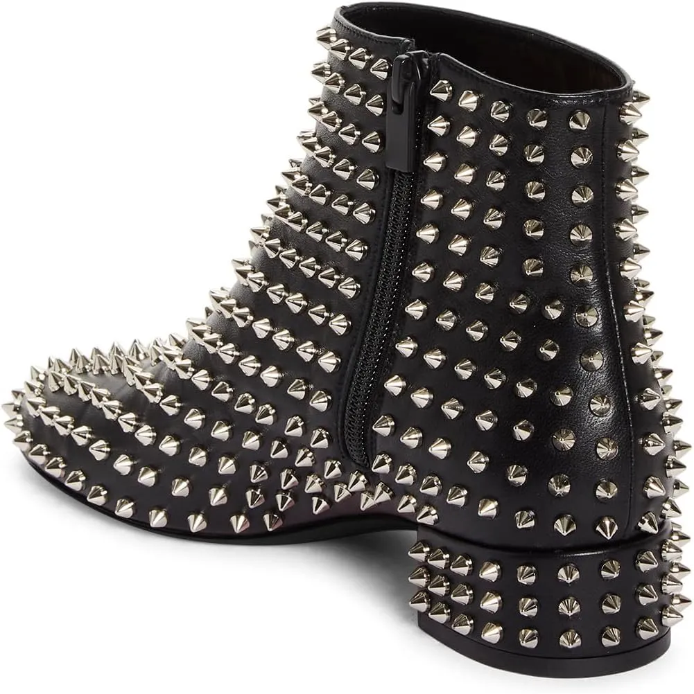 FSJ Women Spikes Ankle Boots Round Toe Block Low Heel Studded Side Zipper Rivets Bootie Fashion Party Outfits Dress Shoes Size 4-16 US
