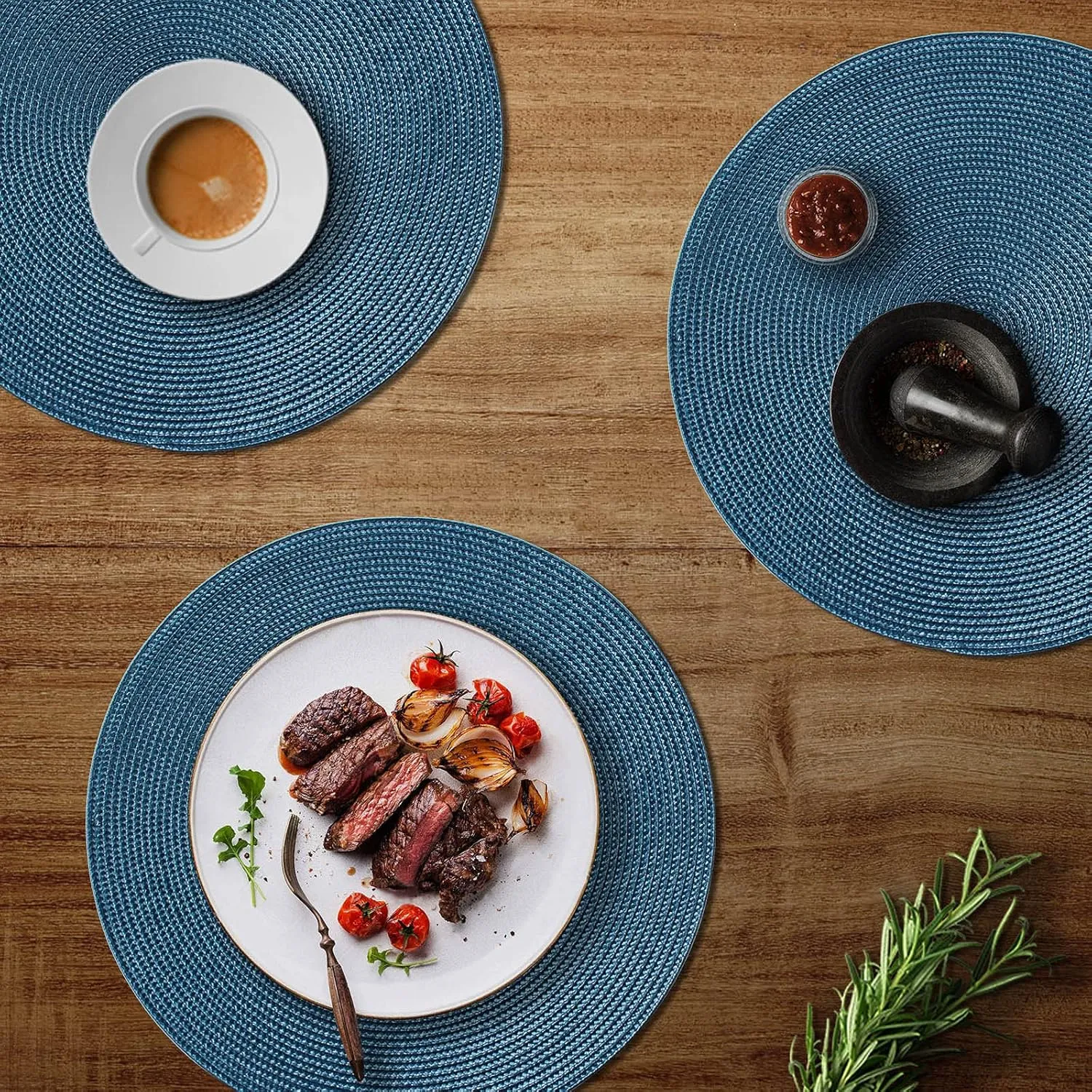 FunWheat Round Braided Placemats Set of 6 Table Mats for Dining Tables Woven Washable Non-Slip Place mats 15 in(Blue, 6pcs)