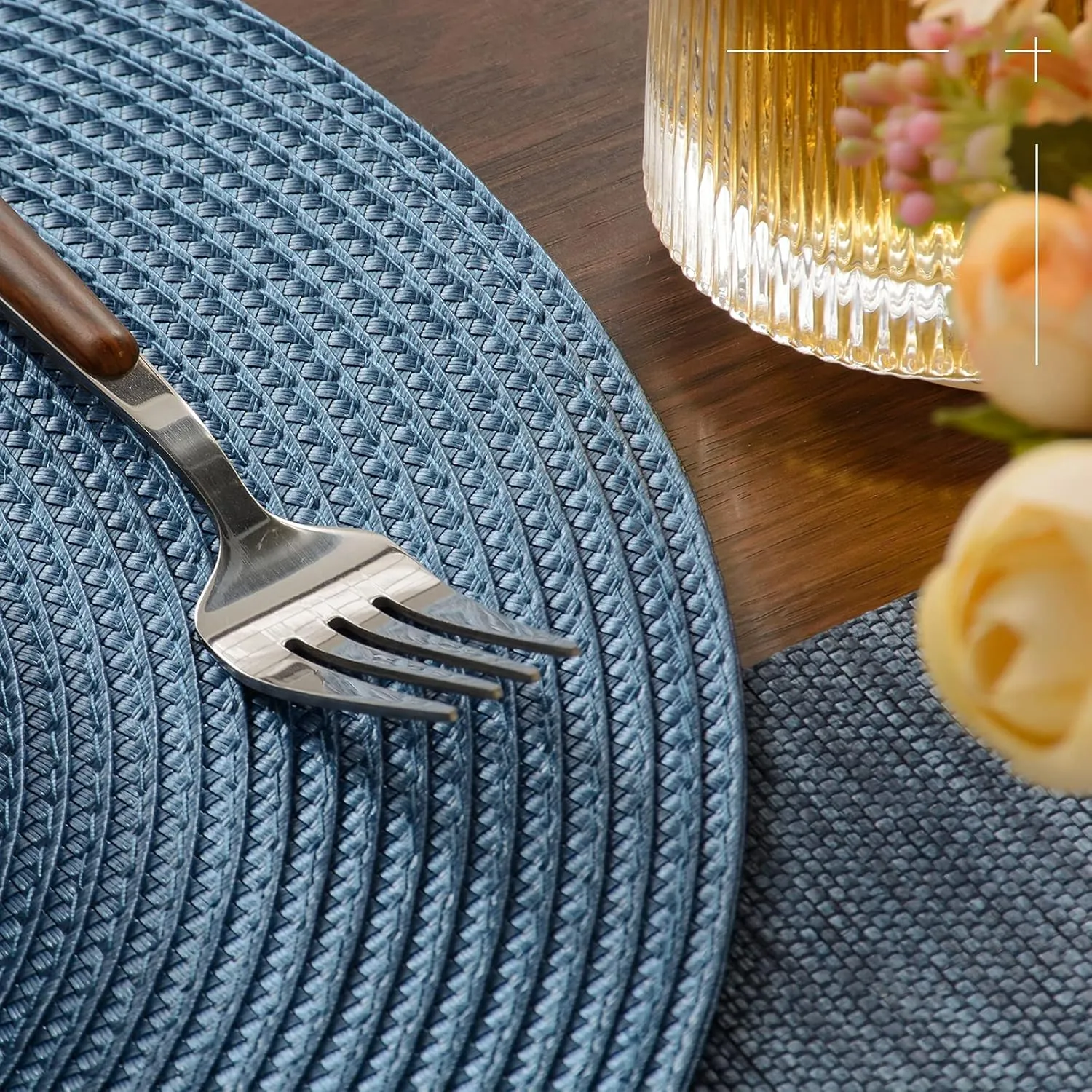FunWheat Round Braided Placemats Set of 6 Table Mats for Dining Tables Woven Washable Non-Slip Place mats 15 in(Blue, 6pcs)