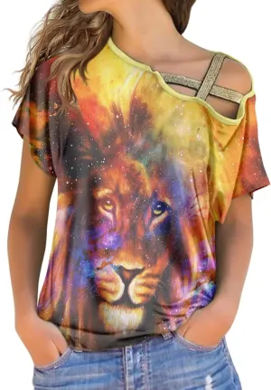 Galaxy Cosmic Space Lion Criss-Cross One Shoulder Tops Sexy Cold Shoulder Shirts Short Sleeve T-Shirts Loose Casual Tees