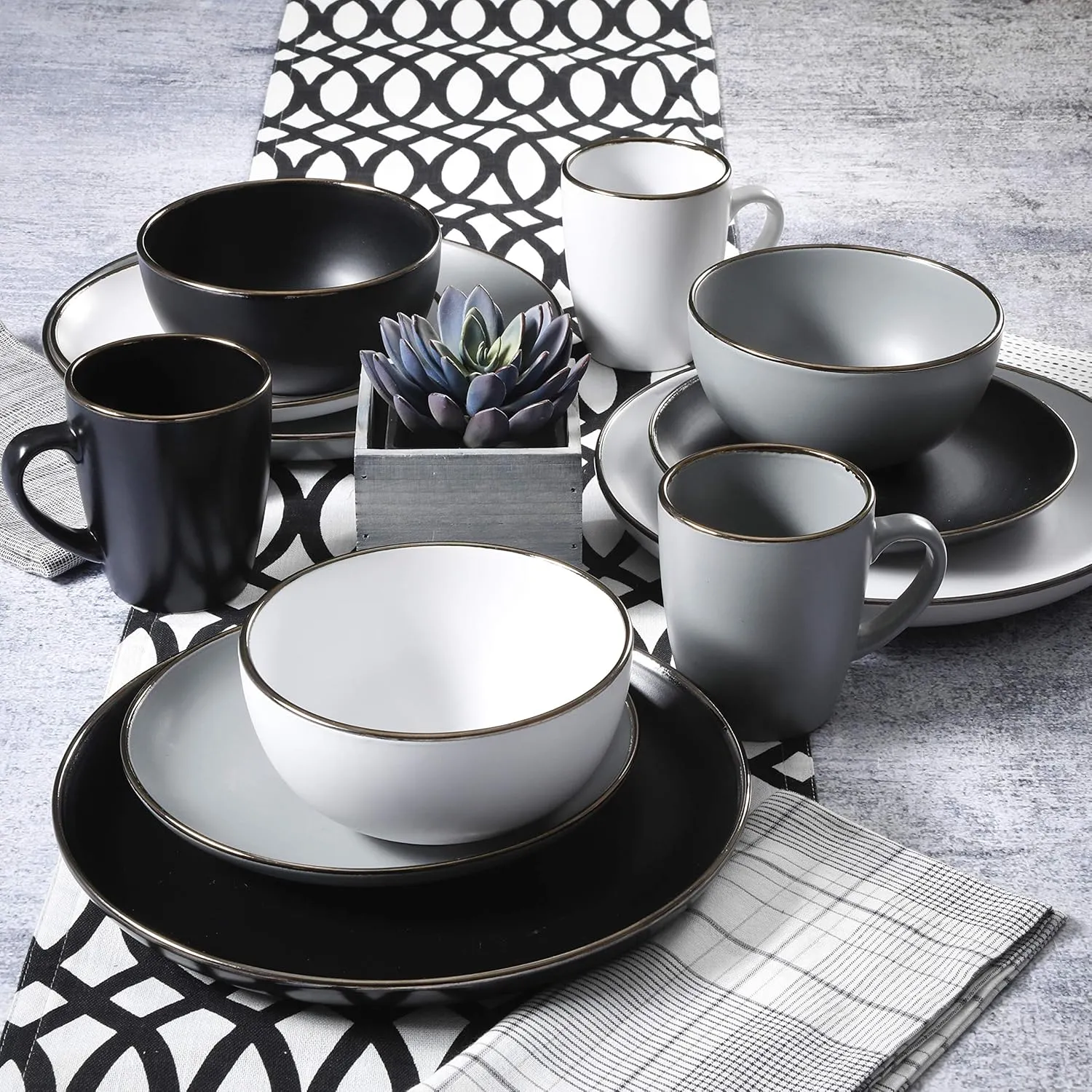 Gibson Home Rockaway Round Dinnerware, Service for 4 (16pcs), Grey/Gold Rim