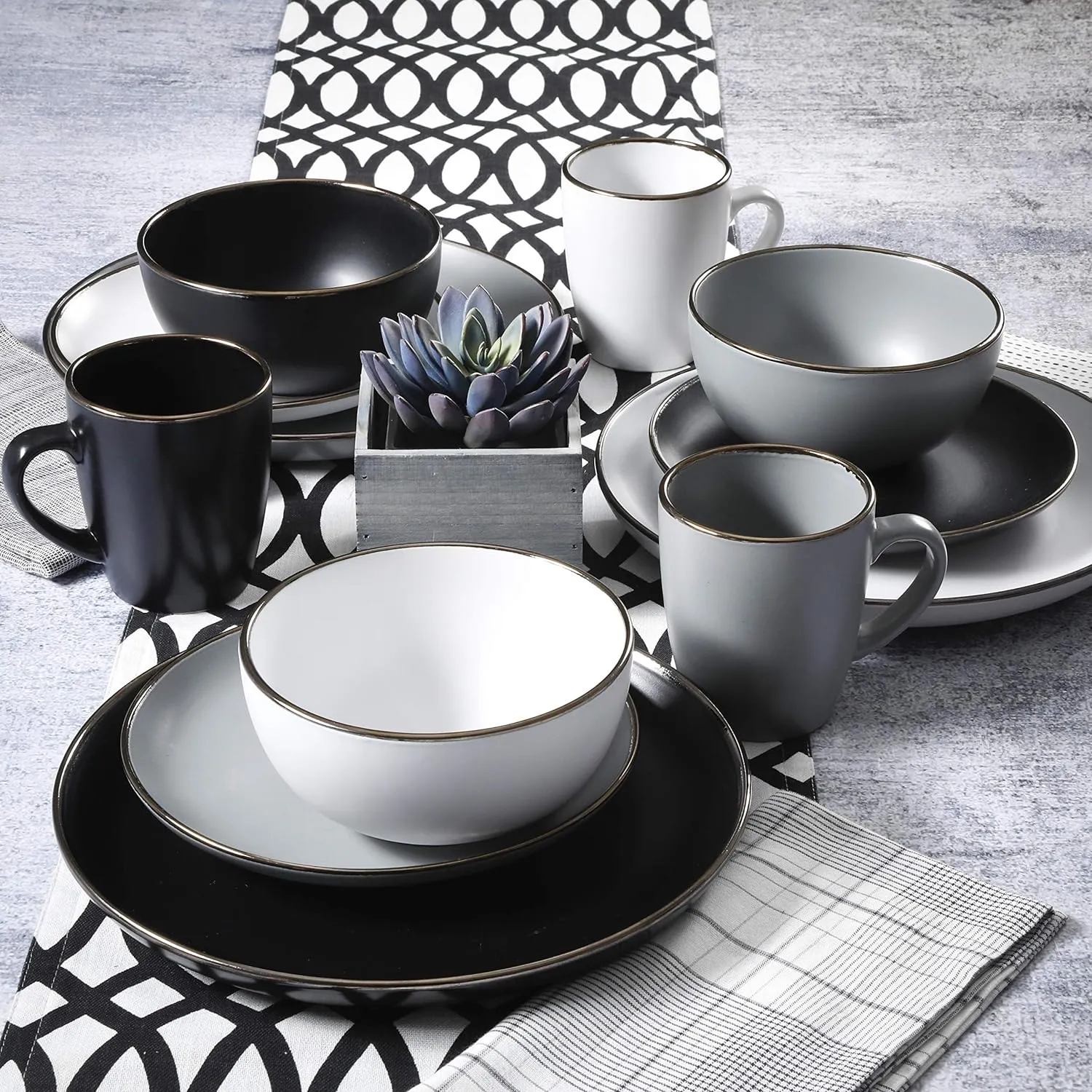 Gibson Home Rockaway Round Dinnerware, Service for 4 (16pcs), Grey/Gold Rim