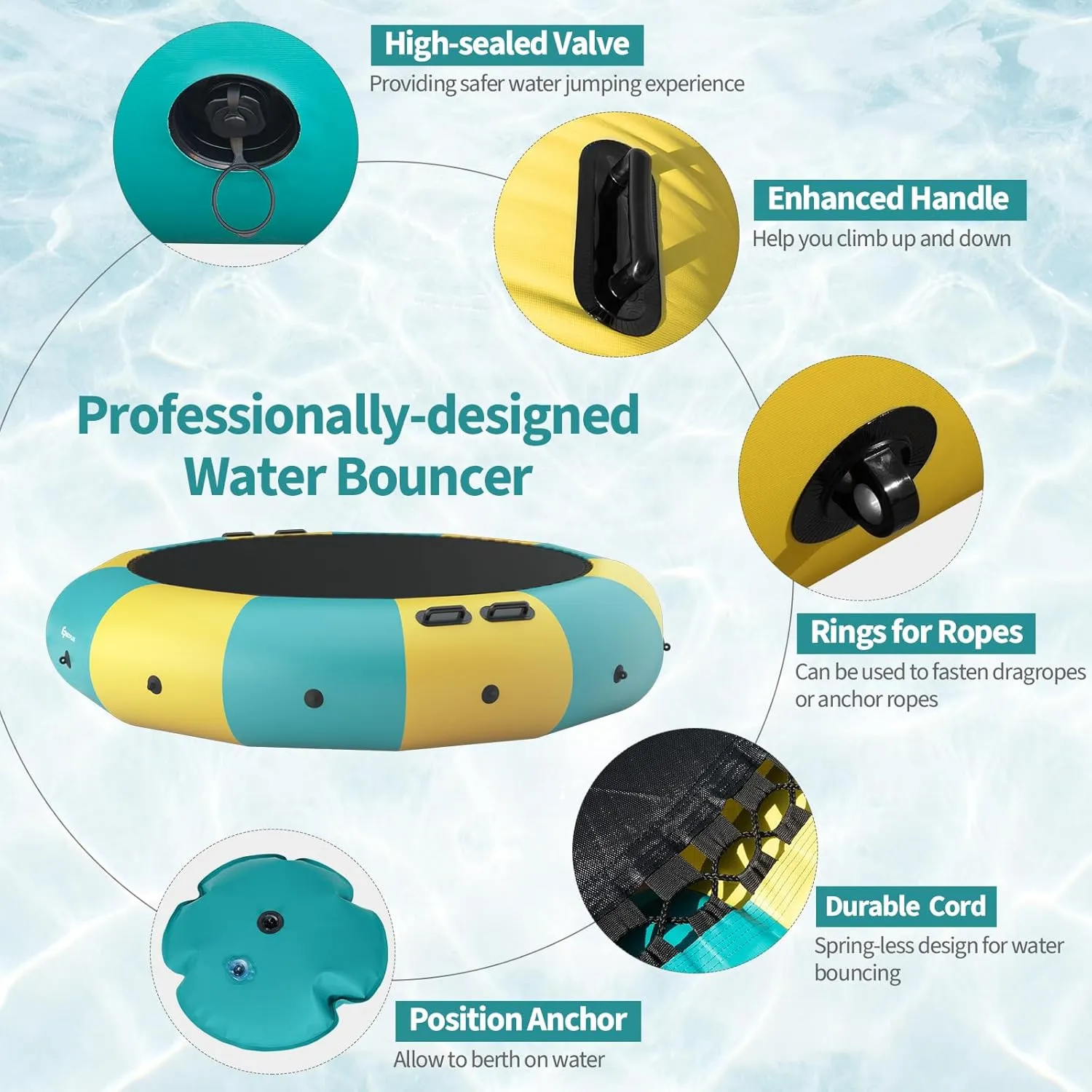 Goplus Inflatable Water Trampoline, 10FT/12FT/15FT Recreational Water Bouncer w/Electric Inflator, Rope Ladder, Mooring Ropes, Anchor, Adults Youth Bounce Swim Platform for Lakes, Pools