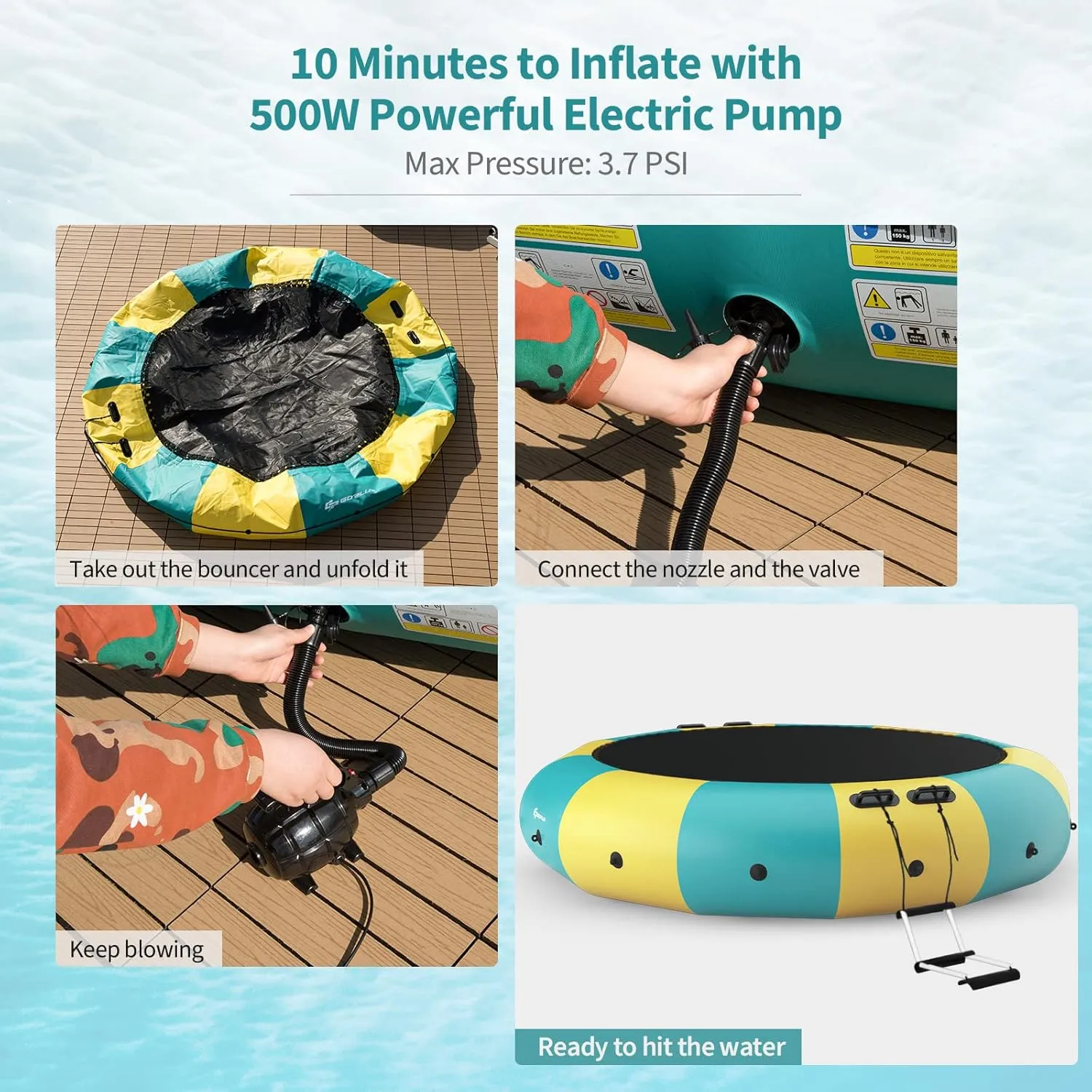 Goplus Inflatable Water Trampoline, 10FT/12FT/15FT Recreational Water Bouncer w/Electric Inflator, Rope Ladder, Mooring Ropes, Anchor, Adults Youth Bounce Swim Platform for Lakes, Pools