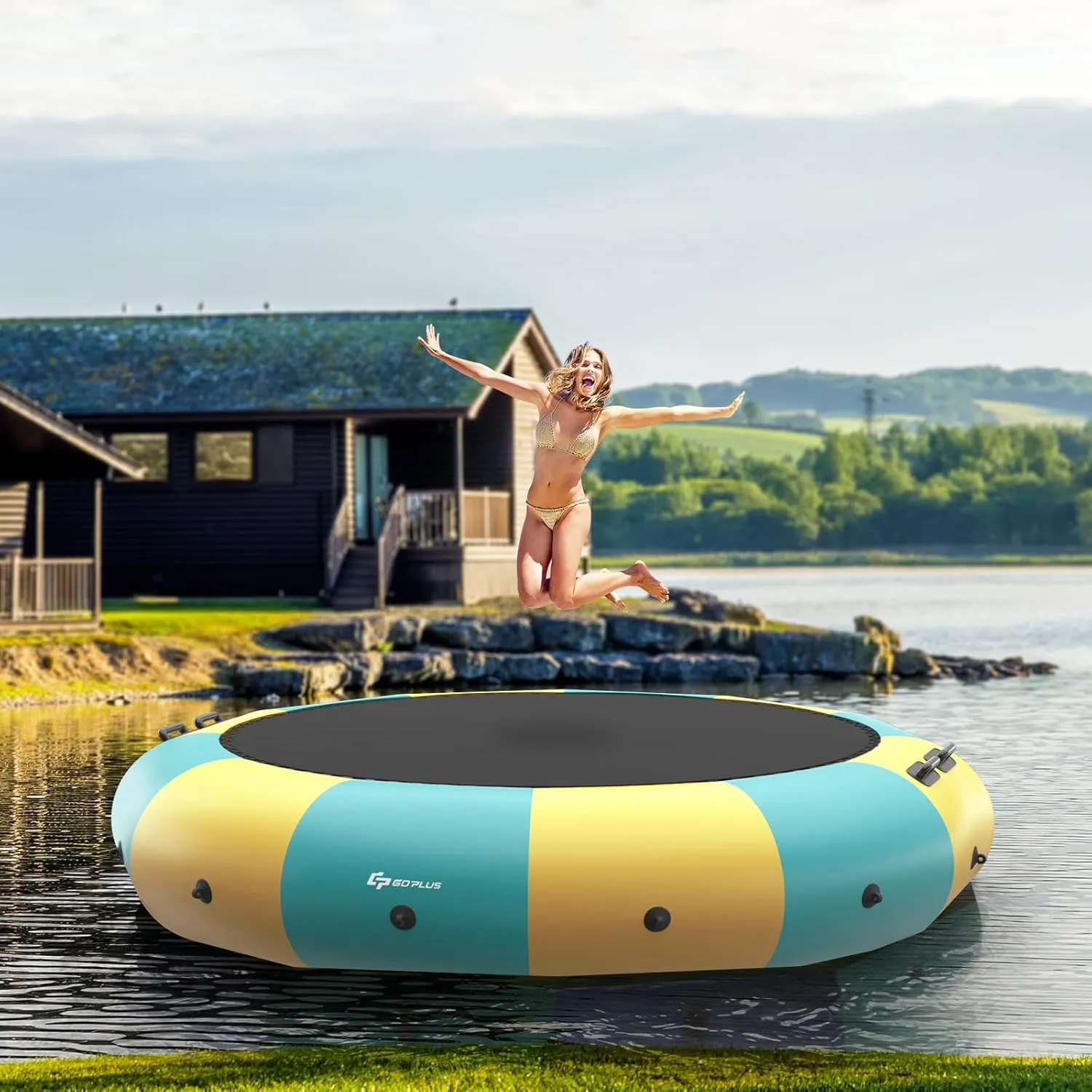 Goplus Inflatable Water Trampoline, 10FT/12FT/15FT Recreational Water Bouncer w/Electric Inflator, Rope Ladder, Mooring Ropes, Anchor, Adults Youth Bounce Swim Platform for Lakes, Pools