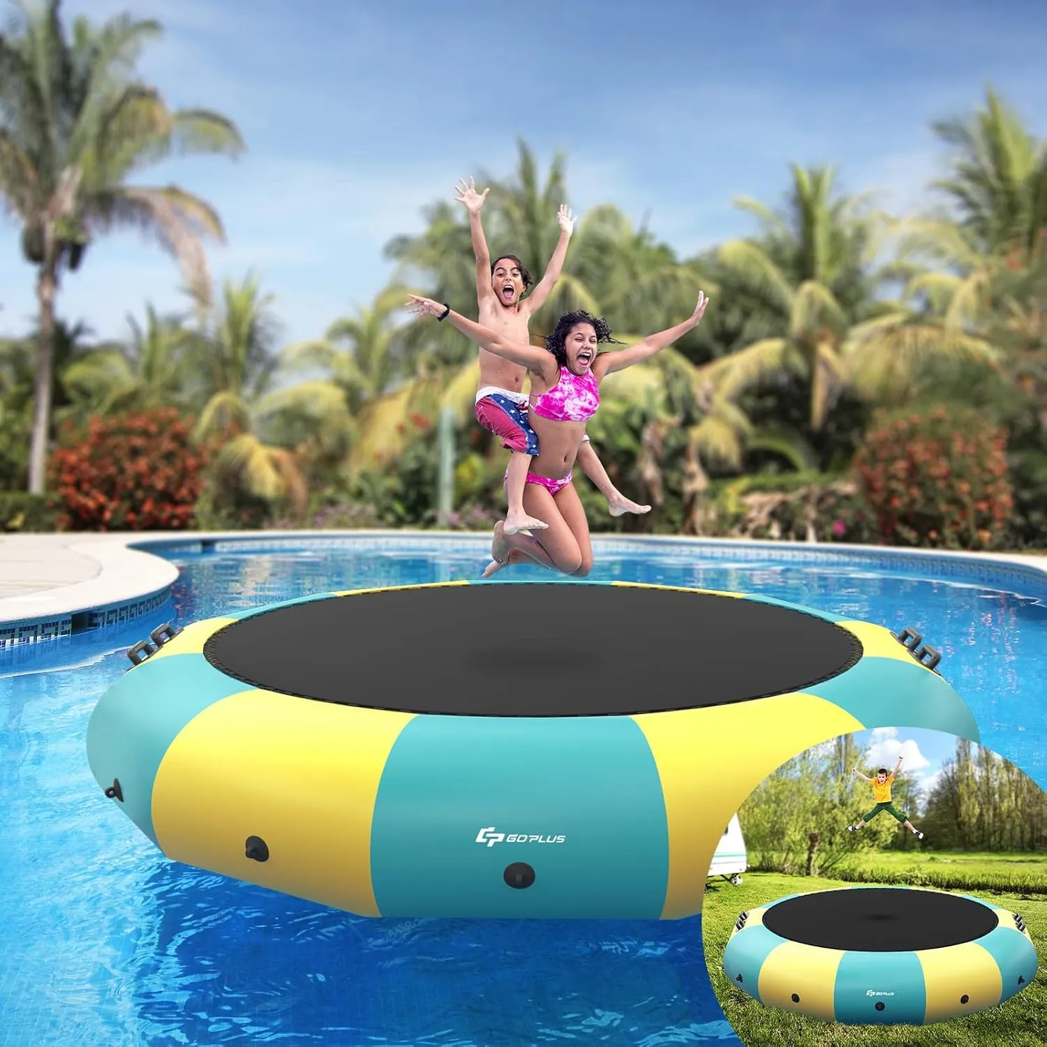 Goplus Inflatable Water Trampoline, 10FT/12FT/15FT Recreational Water Bouncer w/Electric Inflator, Rope Ladder, Mooring Ropes, Anchor, Adults Youth Bounce Swim Platform for Lakes, Pools