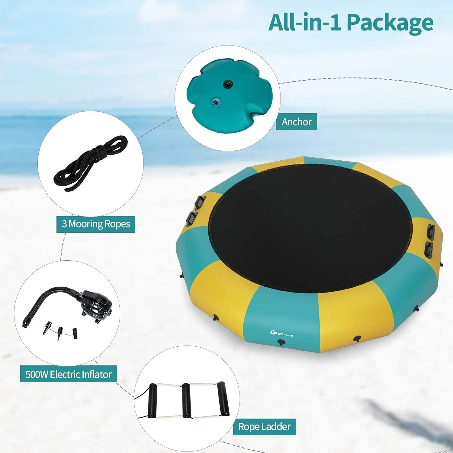 Goplus Inflatable Water Trampoline, 10FT/12FT/15FT Recreational Water Bouncer w/Electric Inflator, Rope Ladder, Mooring Ropes, Anchor, Adults Youth Bounce Swim Platform for Lakes, Pools